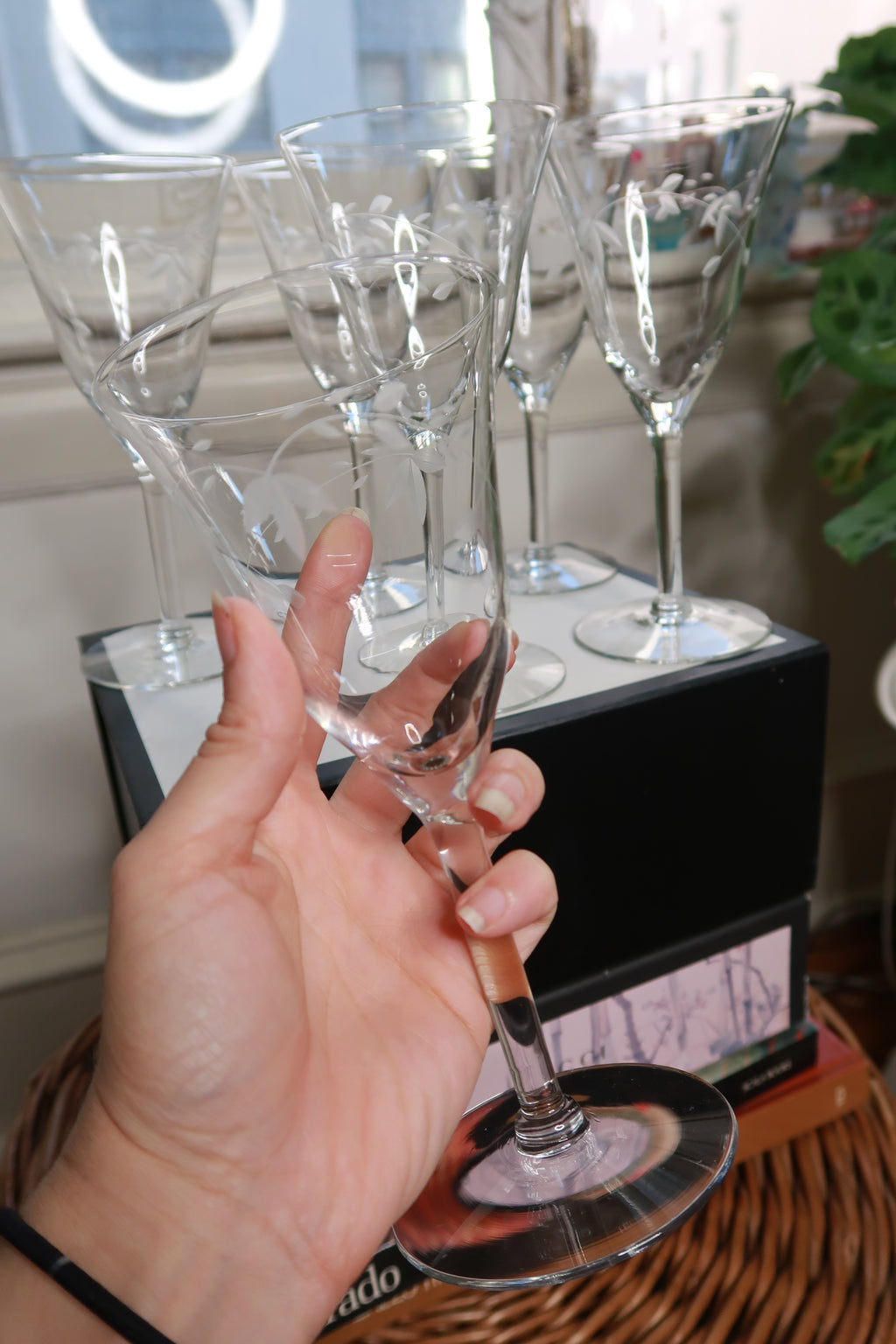 Vintage Etched Floral Wine Glasses Set of 6