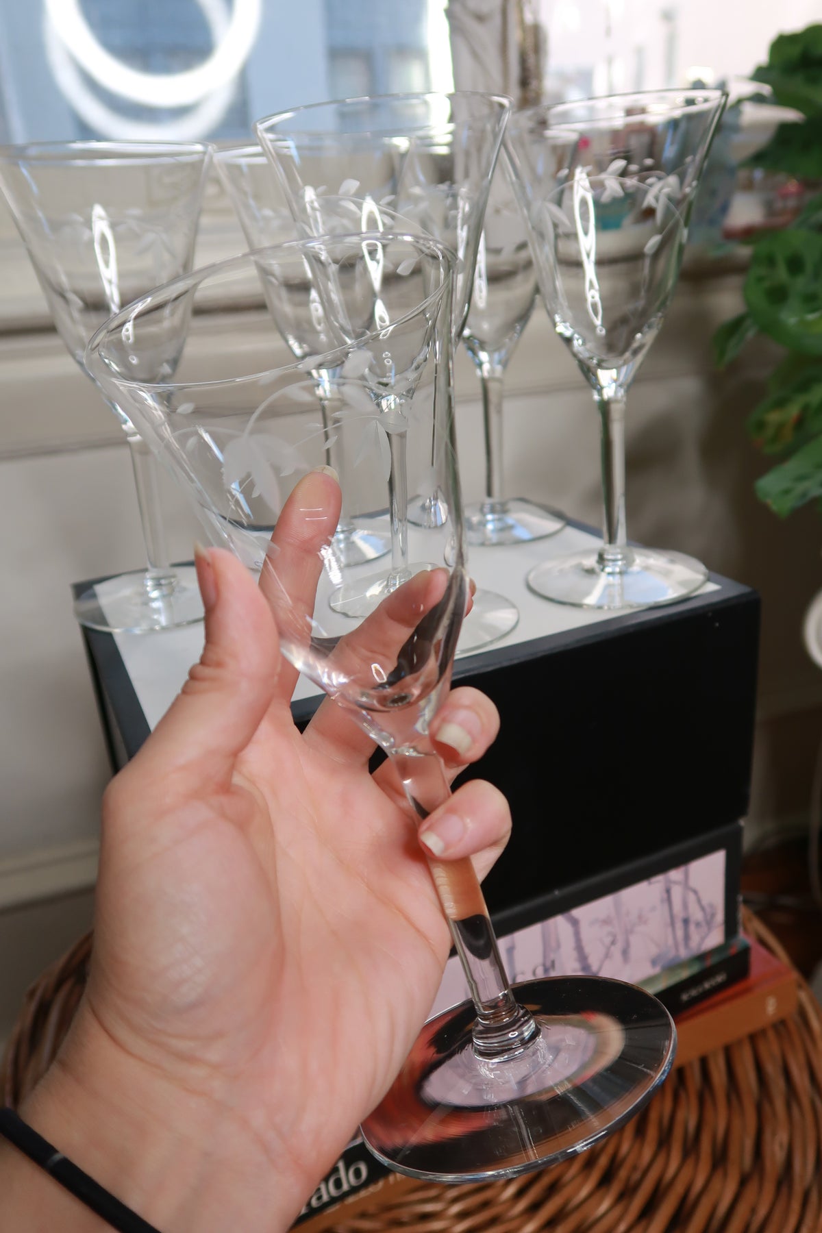 Vintage Etched Floral Wine Glasses Set of 6