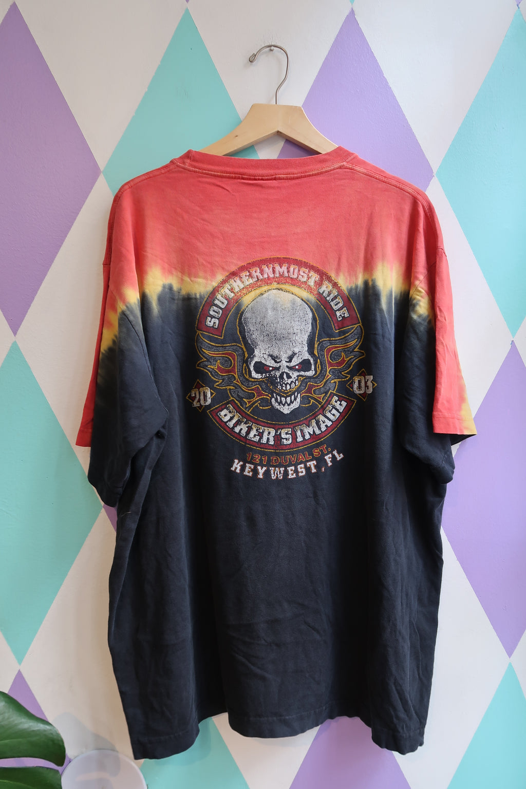 Men's vintage 2003 Southernmost Ride tie-dye biker tee by Elektra Vintage featuring a Key West skull graphic.