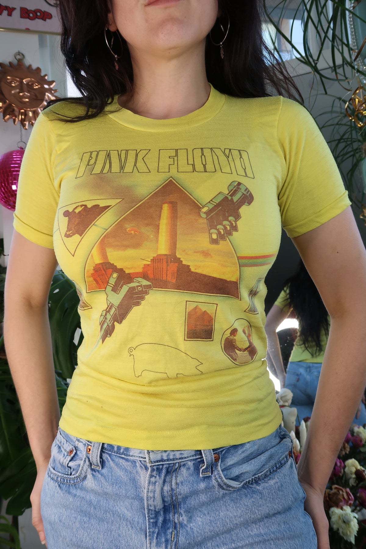 Women's Pink Floyd Animals graphic tee by Elektra Vintage featuring vintage 1970s band artwork and pink color.