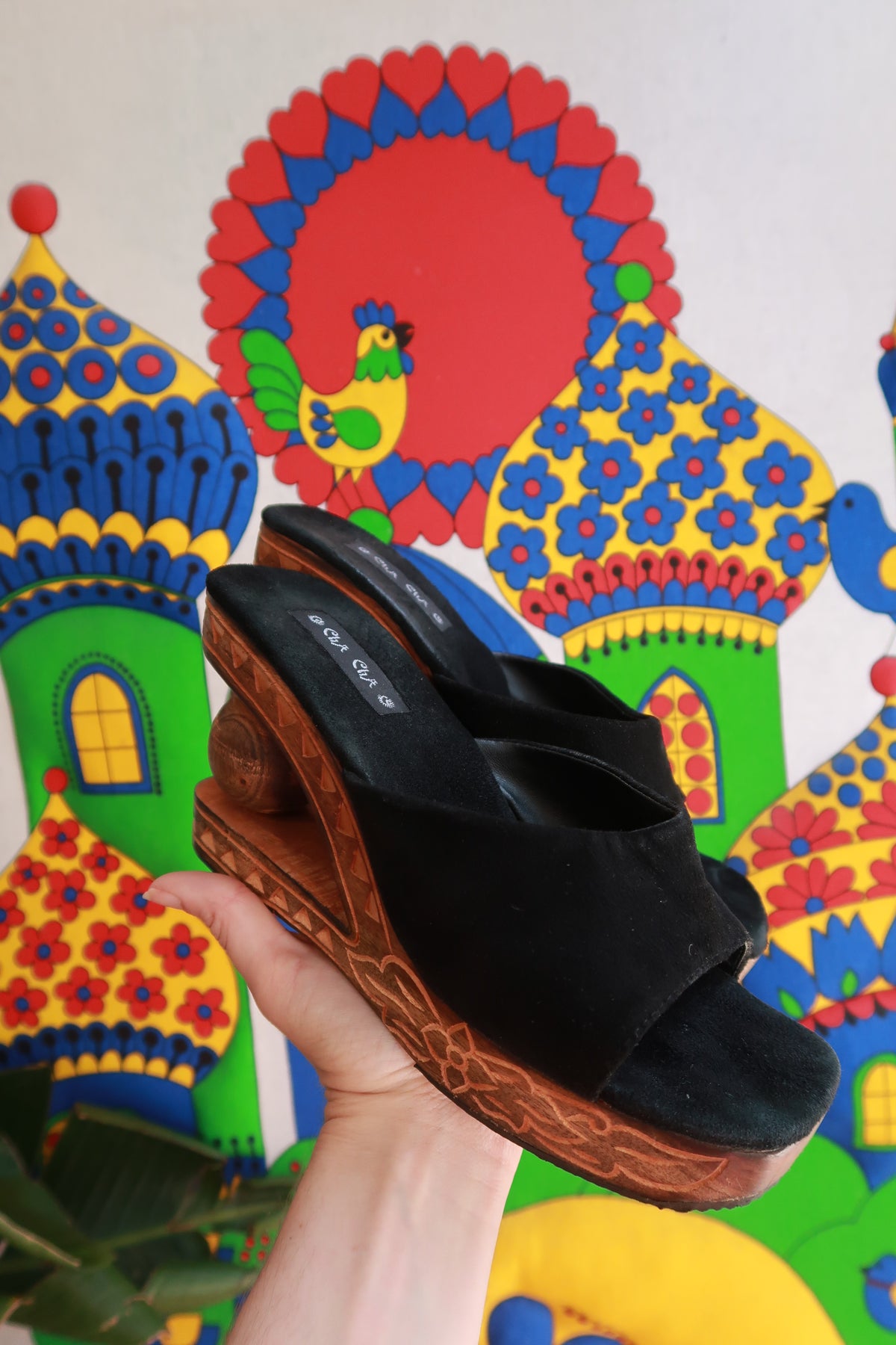 Elektra Vintage carved wooden platform wedge sandals with open toe design and ankle strap, showcasing intricate wooden detailing.