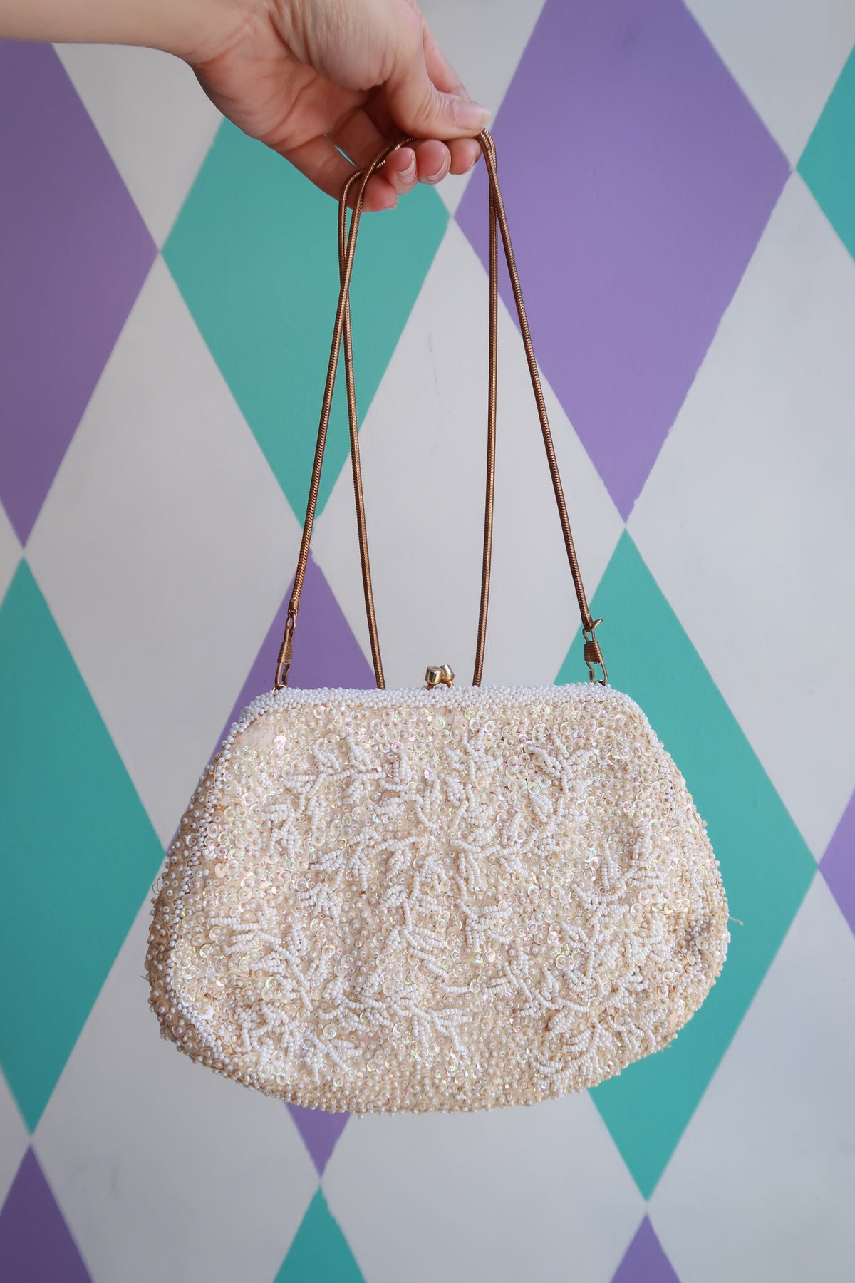 Ivory iridescent vintage beaded sequin evening bag with gold chain strap, Elektra Vintage bridal clutch for special occasions.