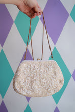 Load image into Gallery viewer, Ivory iridescent vintage beaded sequin evening bag with gold chain strap, Elektra Vintage bridal clutch for special occasions.
