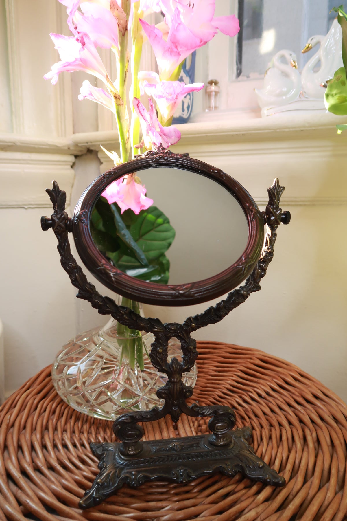 Vintage Ornate Oval Tilting Vanity Mirror Dark Bronze Tabletop Mirror