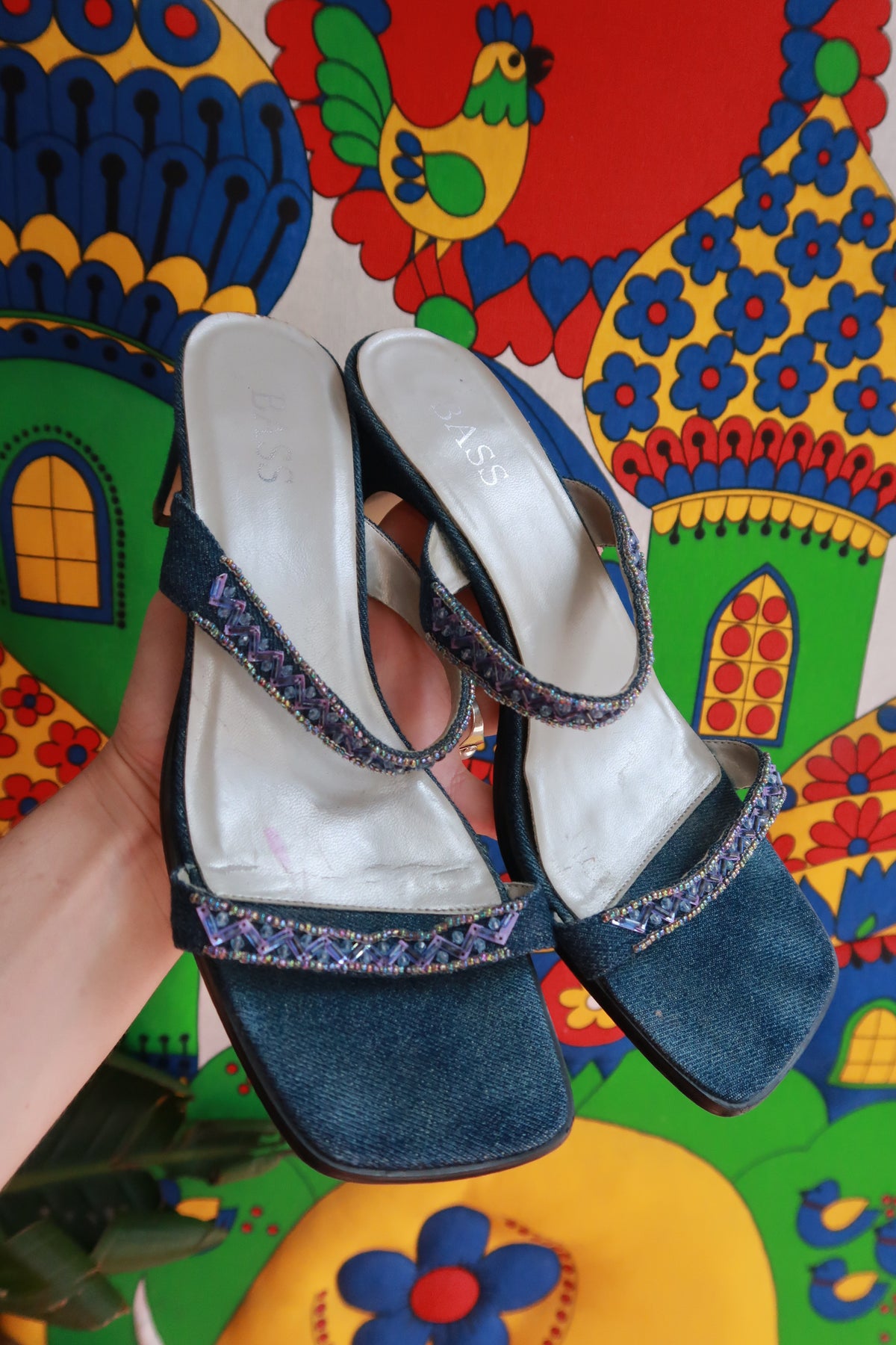 Vintage Denim Beaded Strap Heeled Sandals