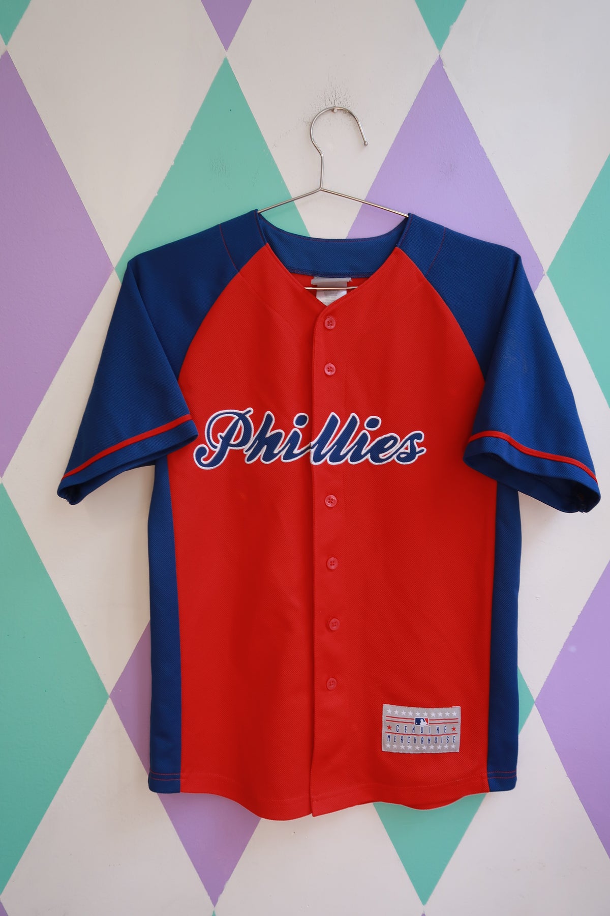 Women's vintage Philadelphia Phillies Chase Utley #26 MLB baseball jersey in red and blue by Elektra Vintage.
