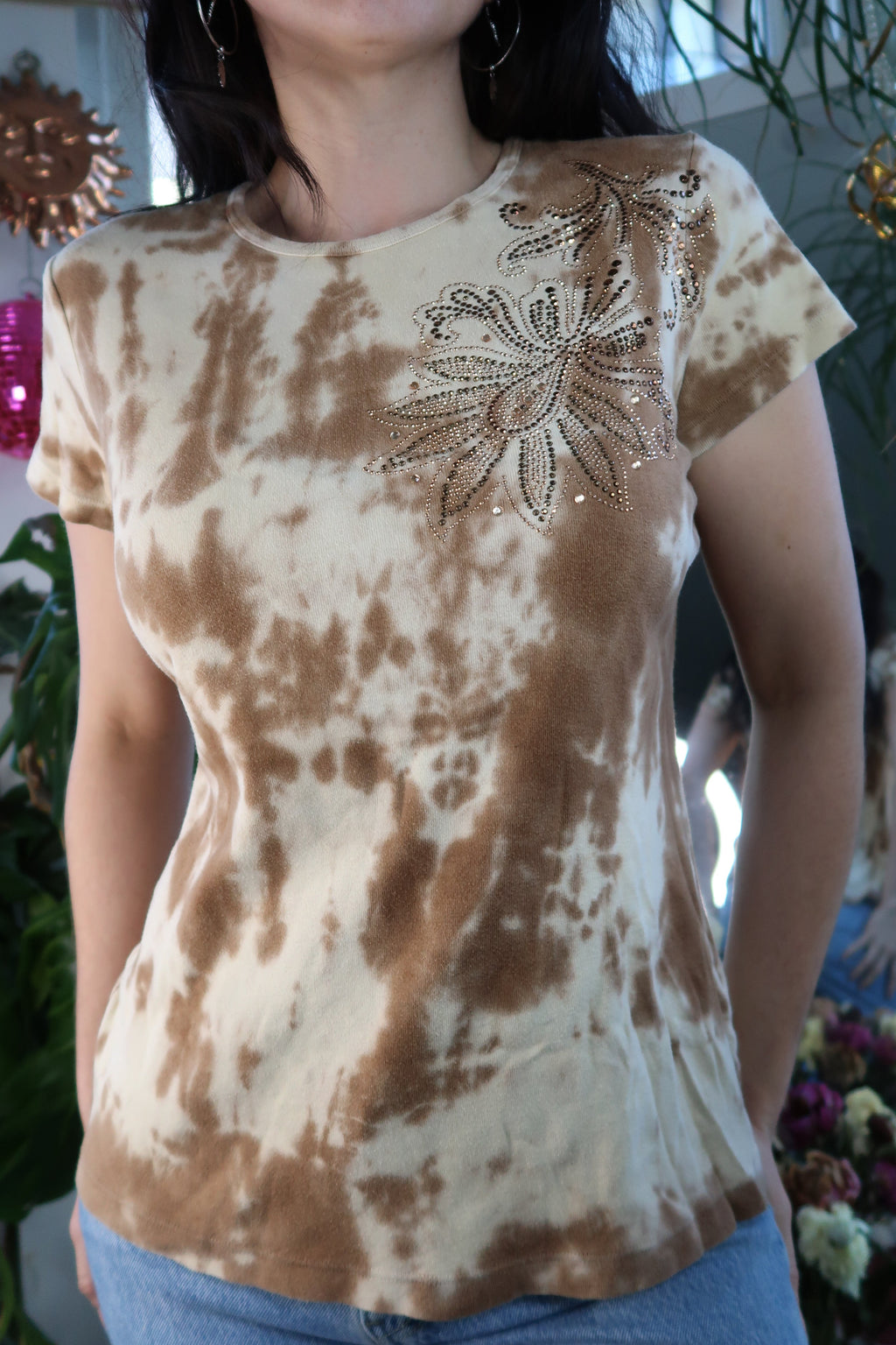 Vintage 2000s Brown Tie Dye Bedazzled T Shirt