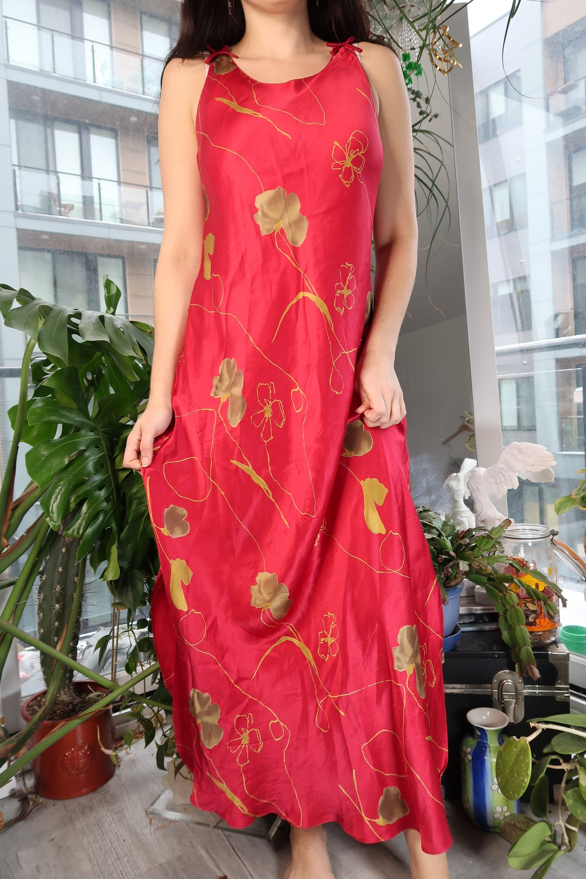 Vintage Red Floral Silk Dress