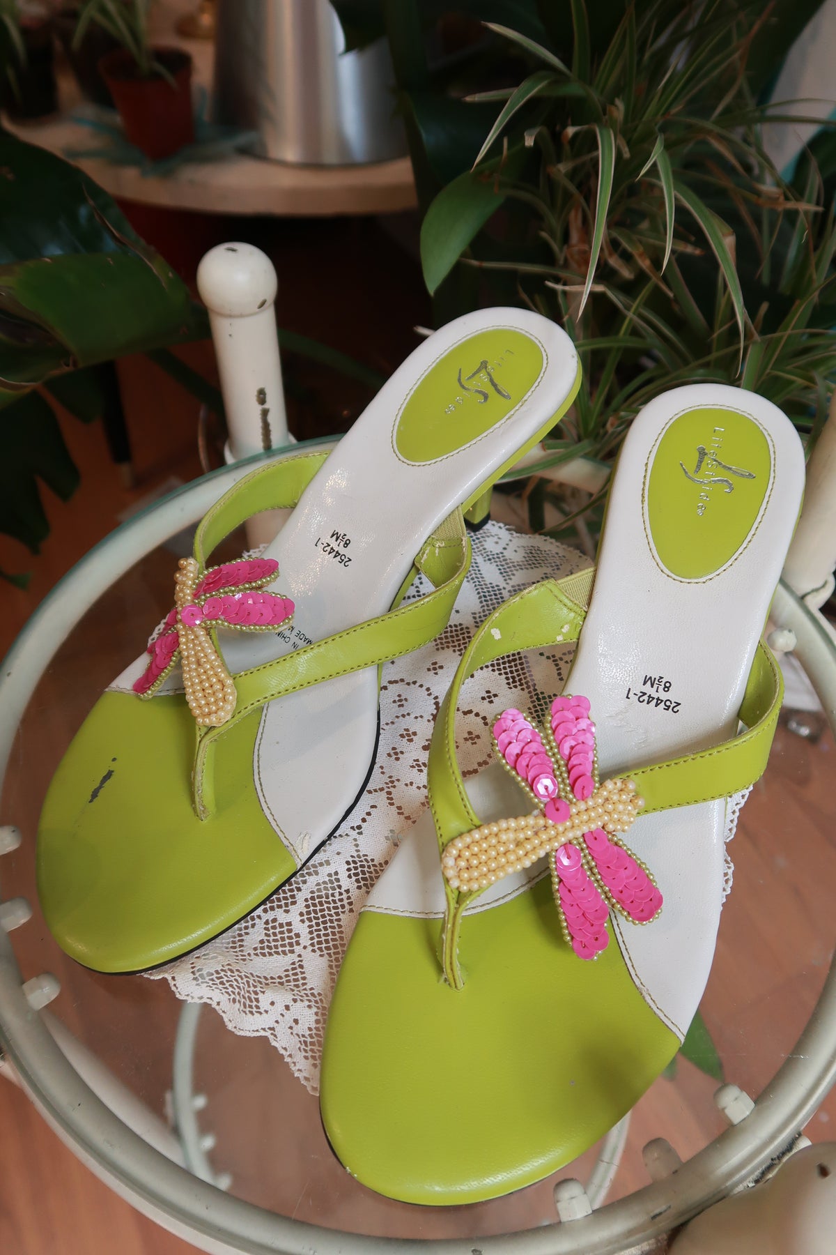 Vintage Y2K Lime Green Dragonfly Kitten Heel Sandals