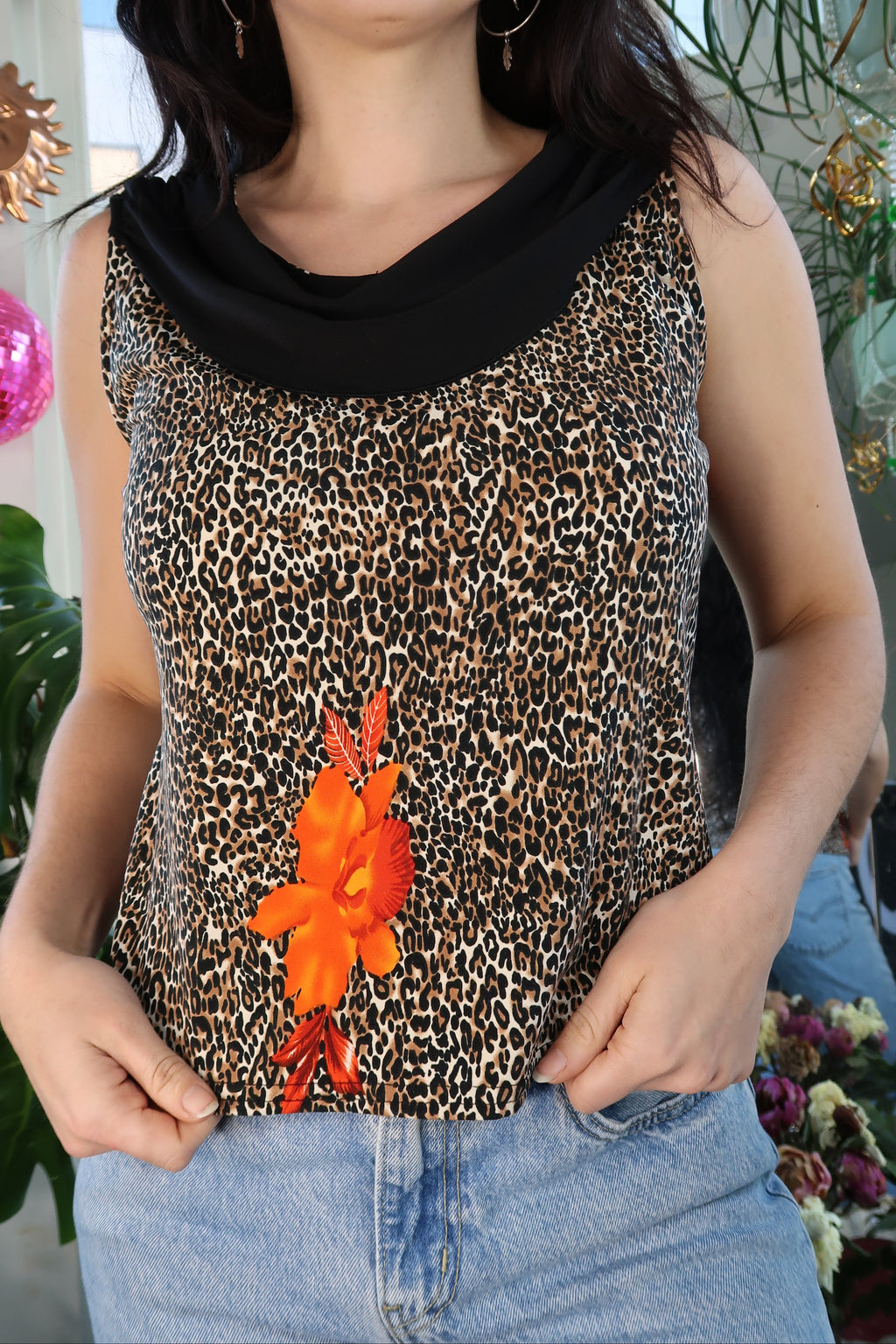 Vintage 2000s Cheetah Print Tropical Floral Tank Top