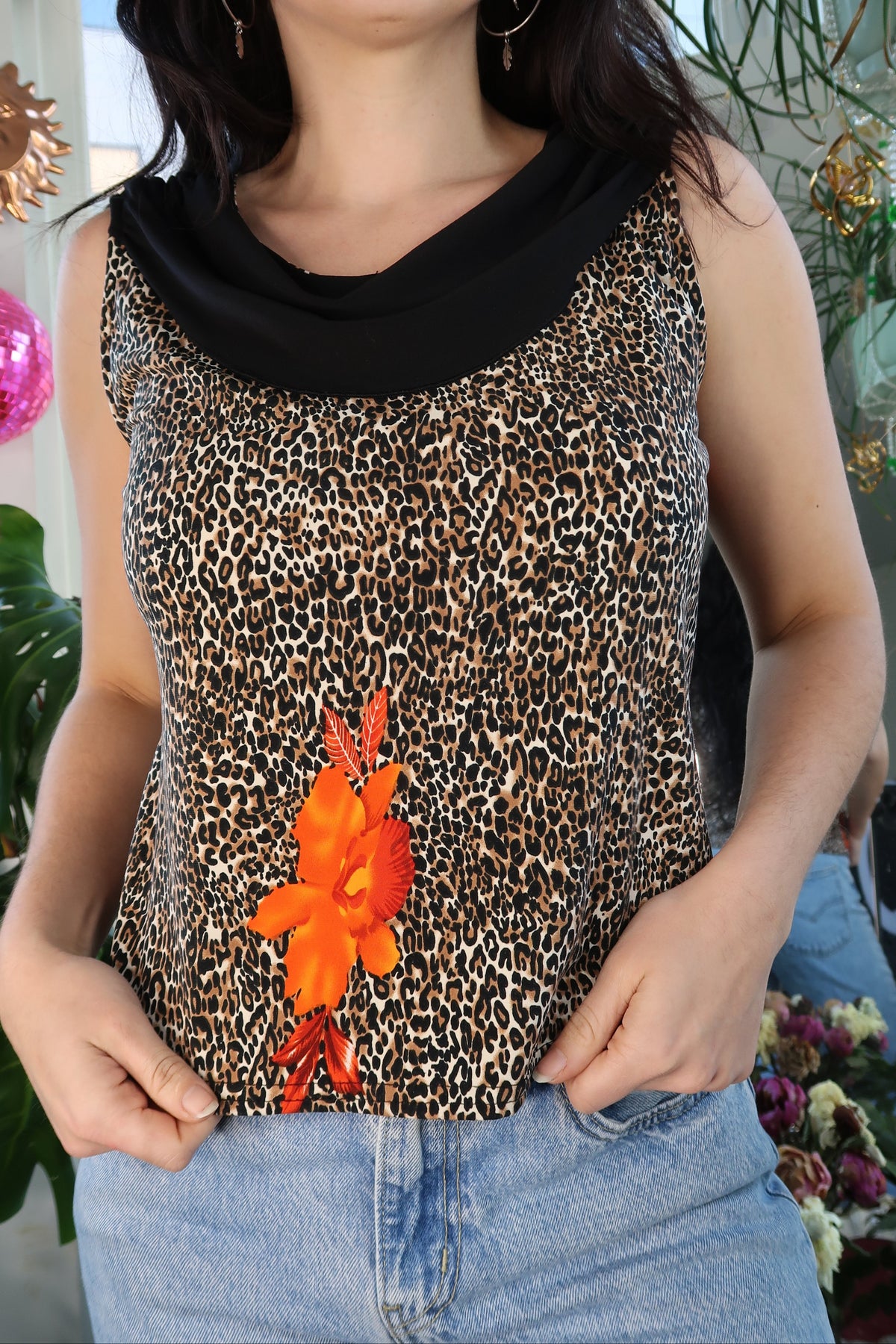 Vintage 2000s Cheetah Print Tropical Floral Tank Top