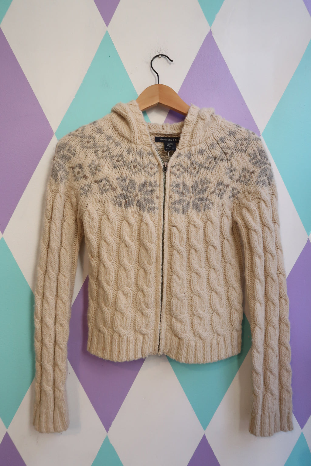 Vintage Abercrombie & Fitch 100% Wool Cable Knit Hoodie – Cream Nordic Fair Isle