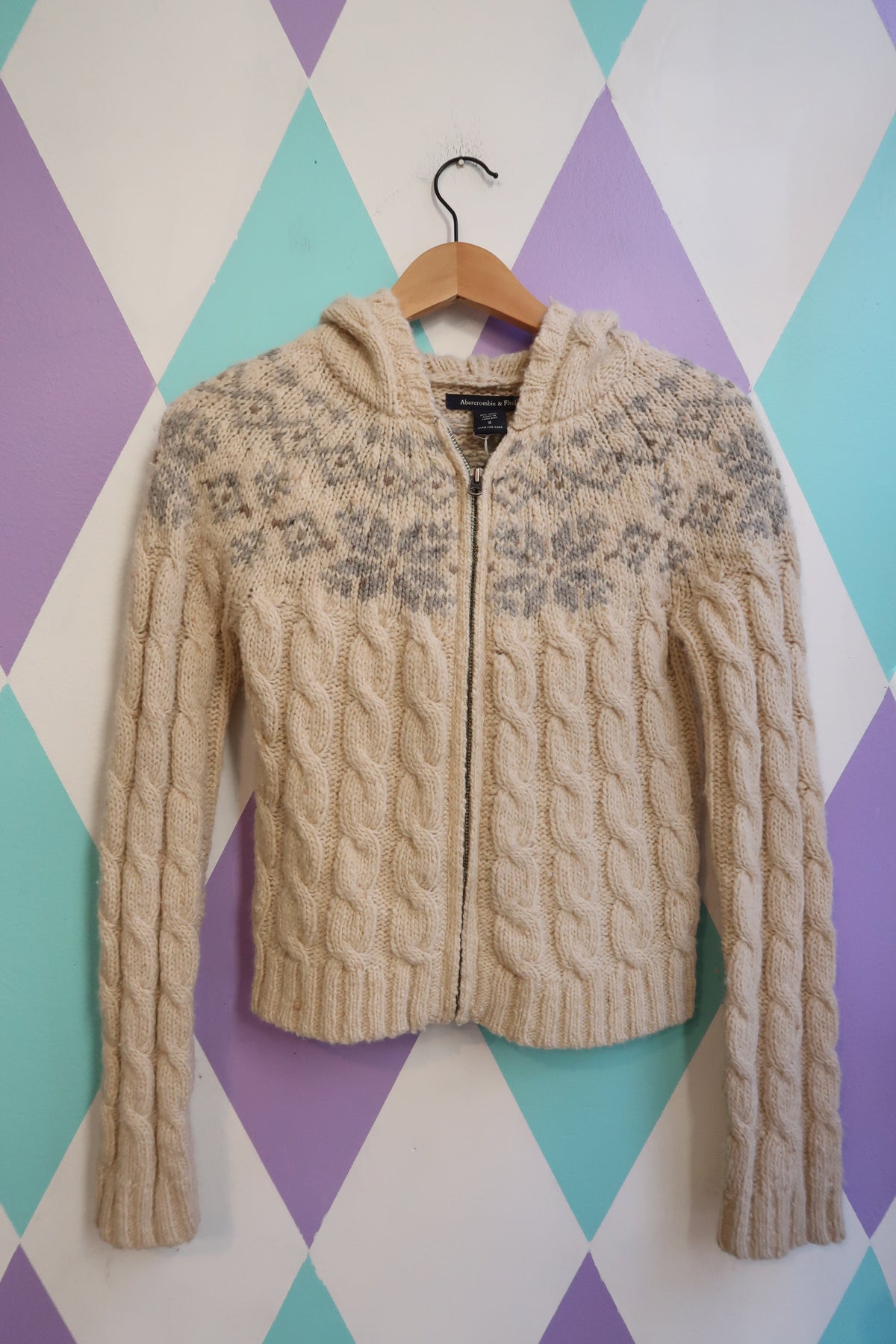 Vintage Abercrombie & Fitch 100% Wool Cable Knit Hoodie – Cream Nordic Fair Isle