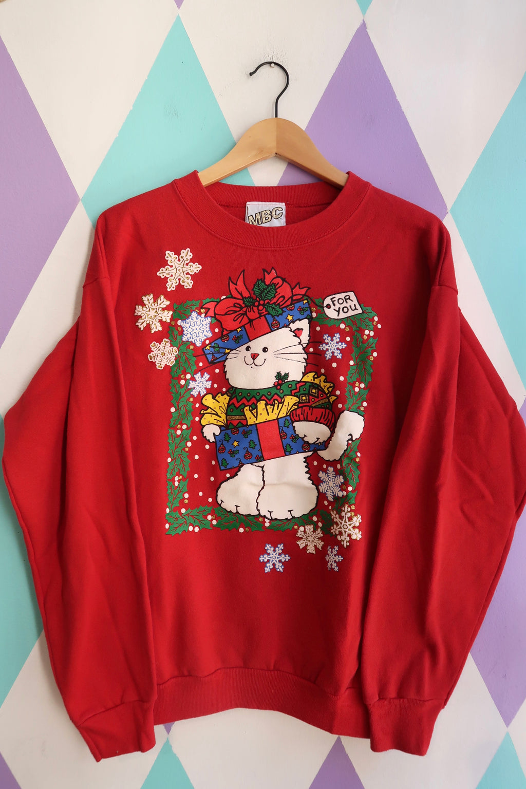 Vintage 90s Christmas Cat Sweatshirt – Red Graphic “For You” Gift Box Print