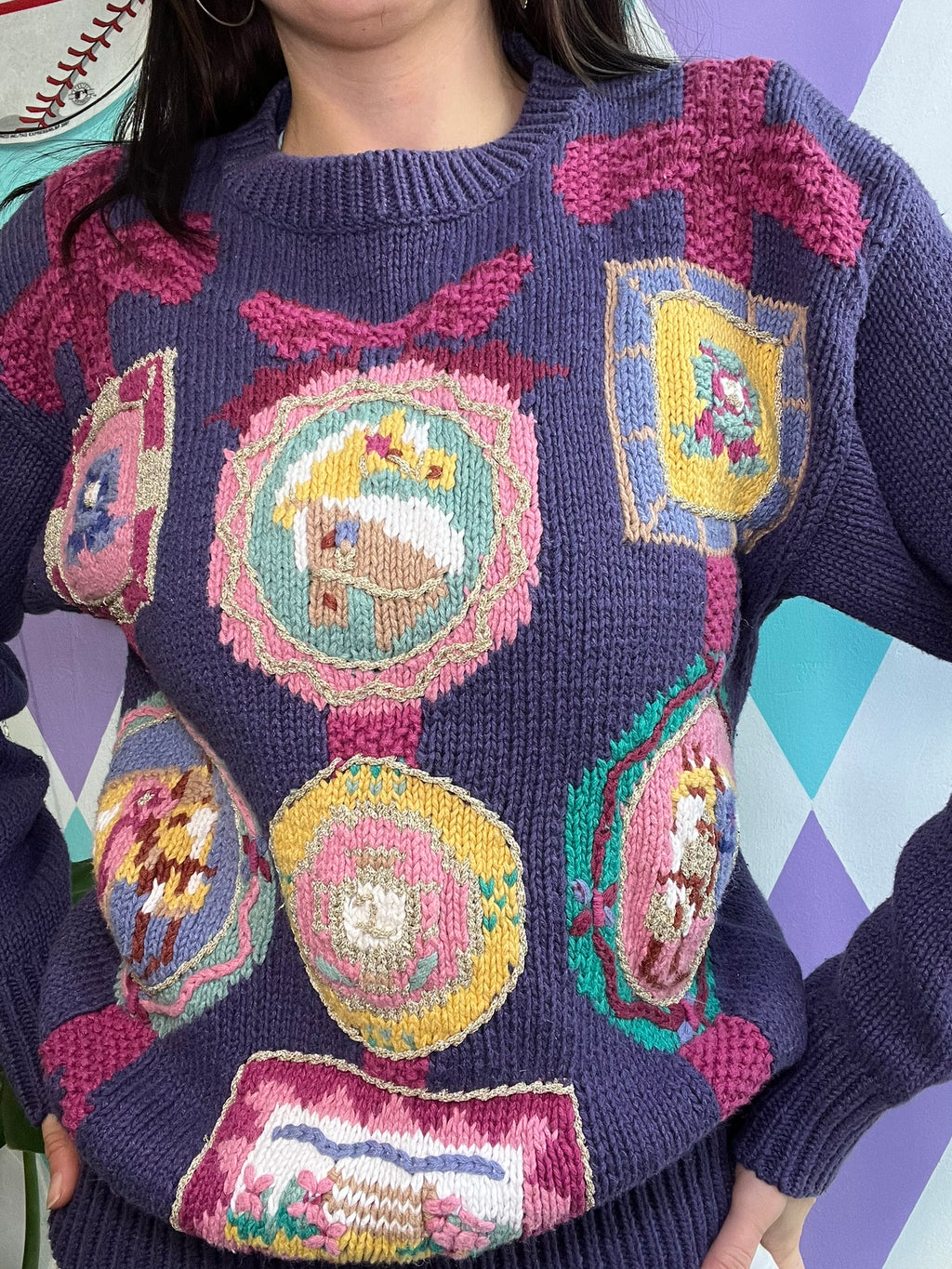 Vintage Horse Patchwork Knit Sweater by Elektra Vintage featuring colorful patchwork and cozy knit fabric.