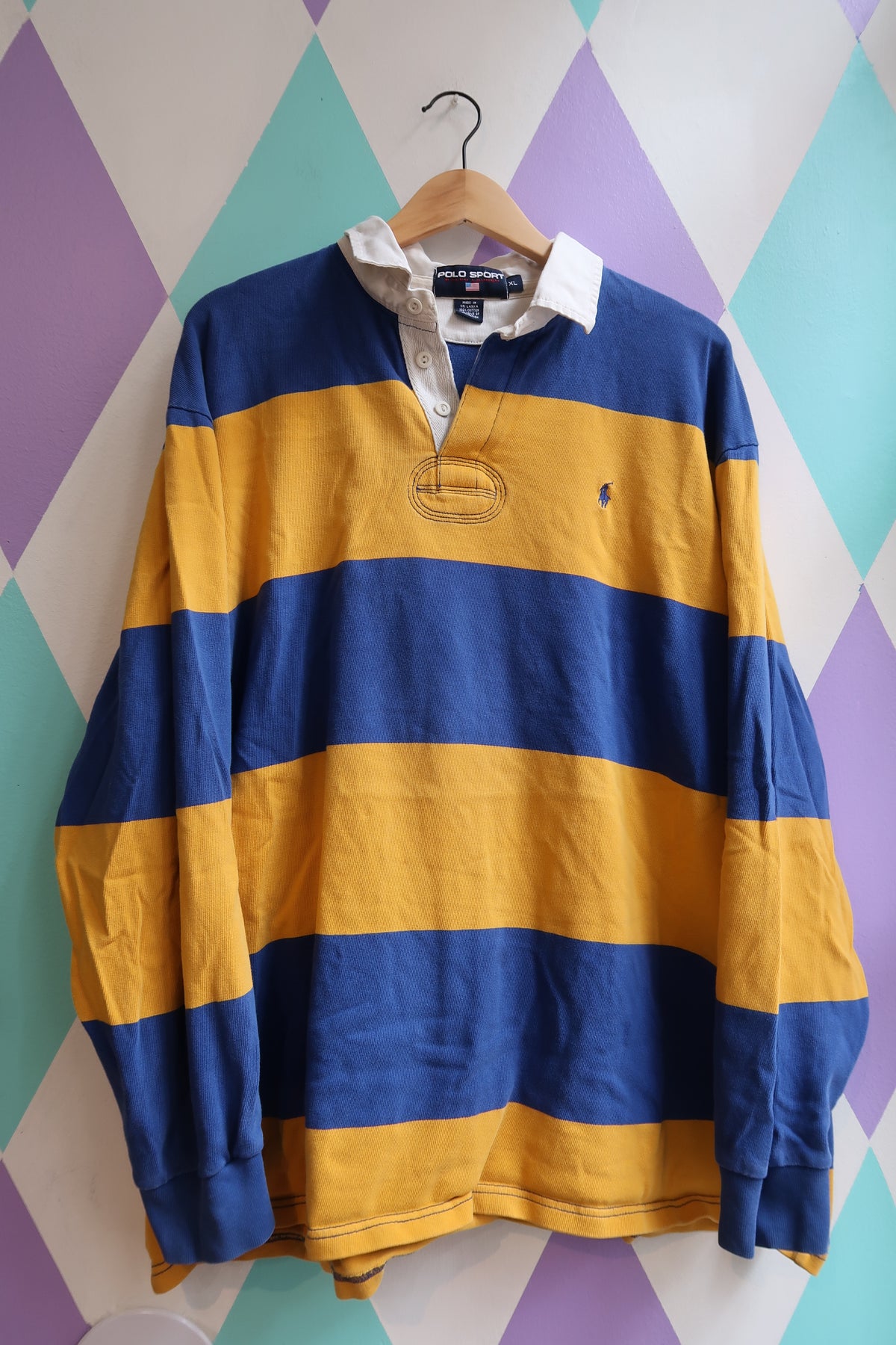 Vintage Polo Sport Ralph Lauren Rugby Shirt – Yellow & Navy Striped – Size XL