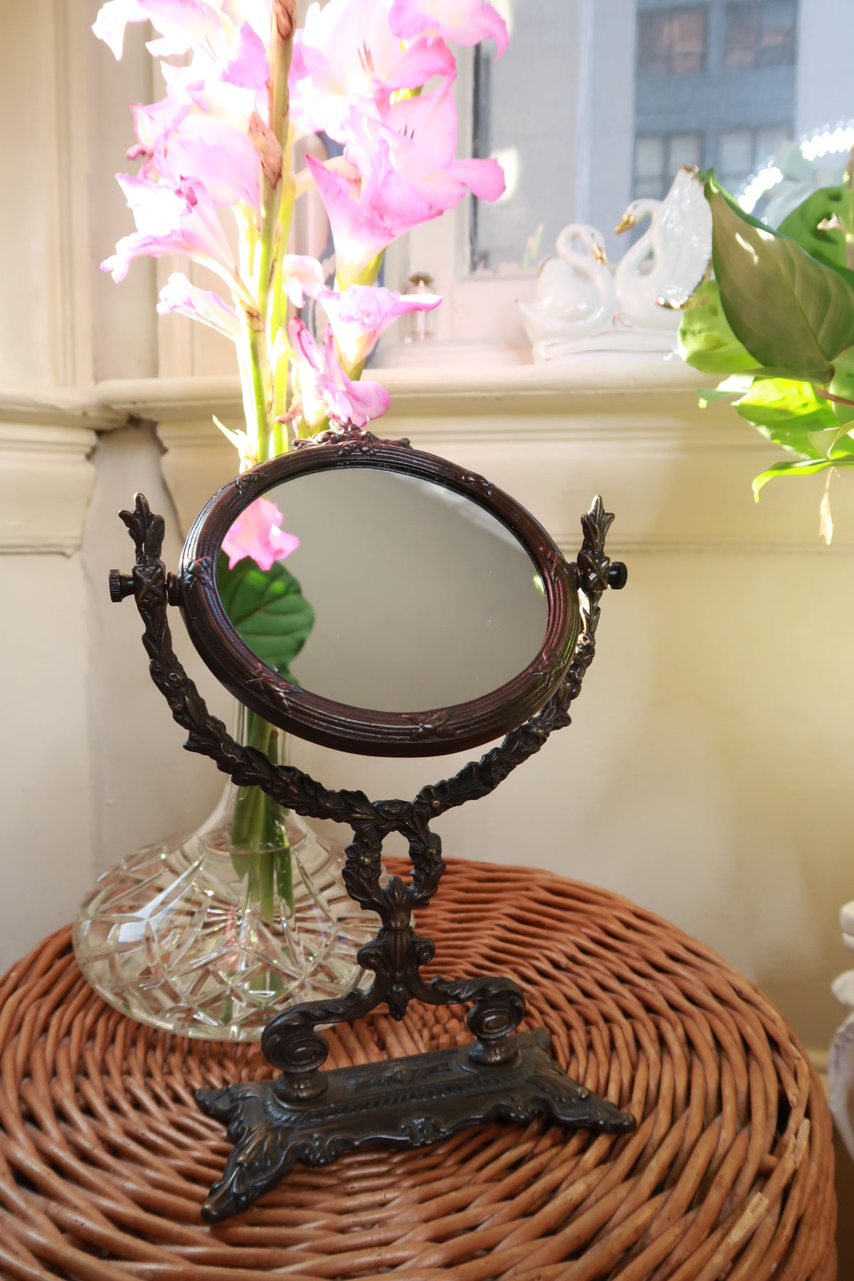 Vintage Ornate Oval Tilting Vanity Mirror Dark Bronze Tabletop Mirror