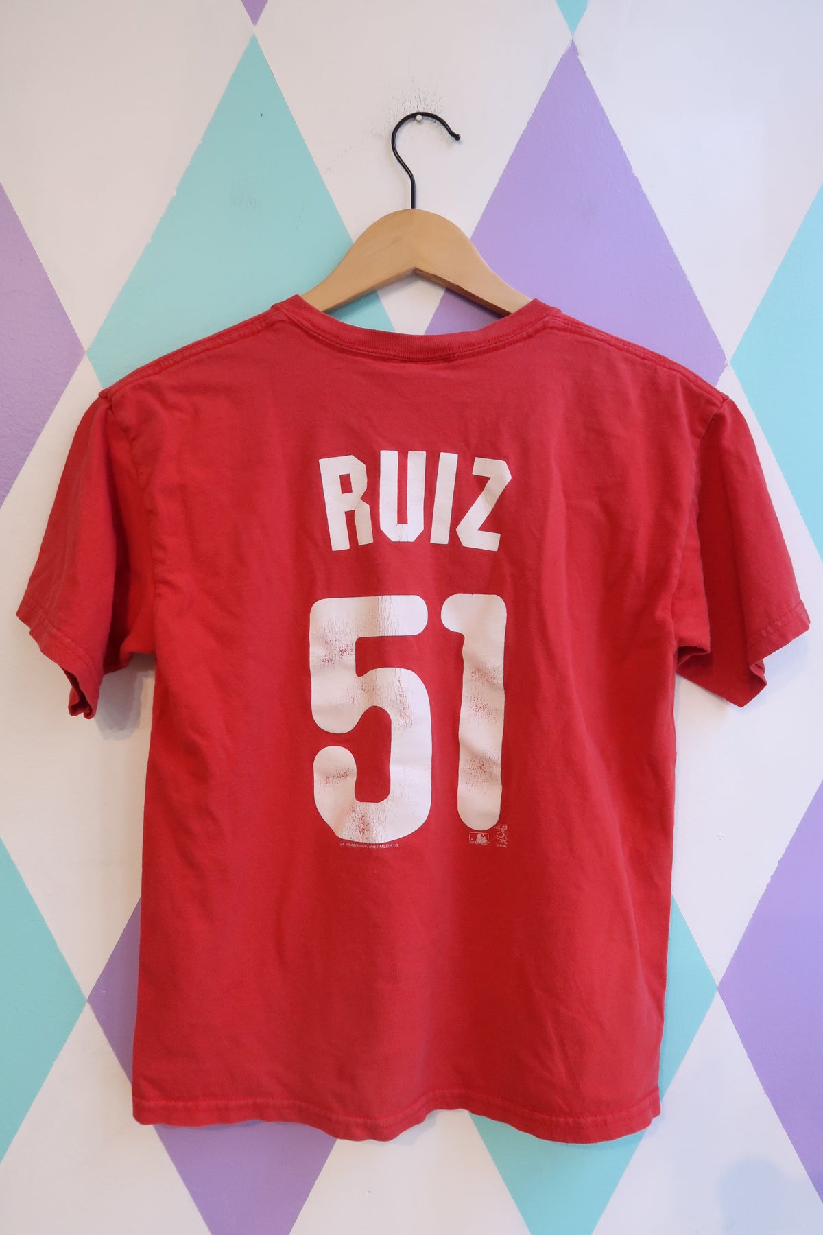 Women's Philadelphia Phillies Ruiz #51 red graphic T-shirt by Elektra Vintage, featuring team logo and baseball tee design.