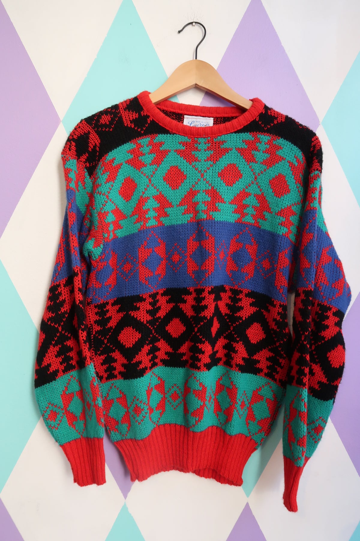 Vintage 80s Geometric Knit Sweater – Bright Red, Teal & Blue Pattern - Elektra Vintage