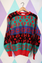 Load image into Gallery viewer, Vintage 80s Geometric Knit Sweater – Bright Red, Teal &amp; Blue Pattern
