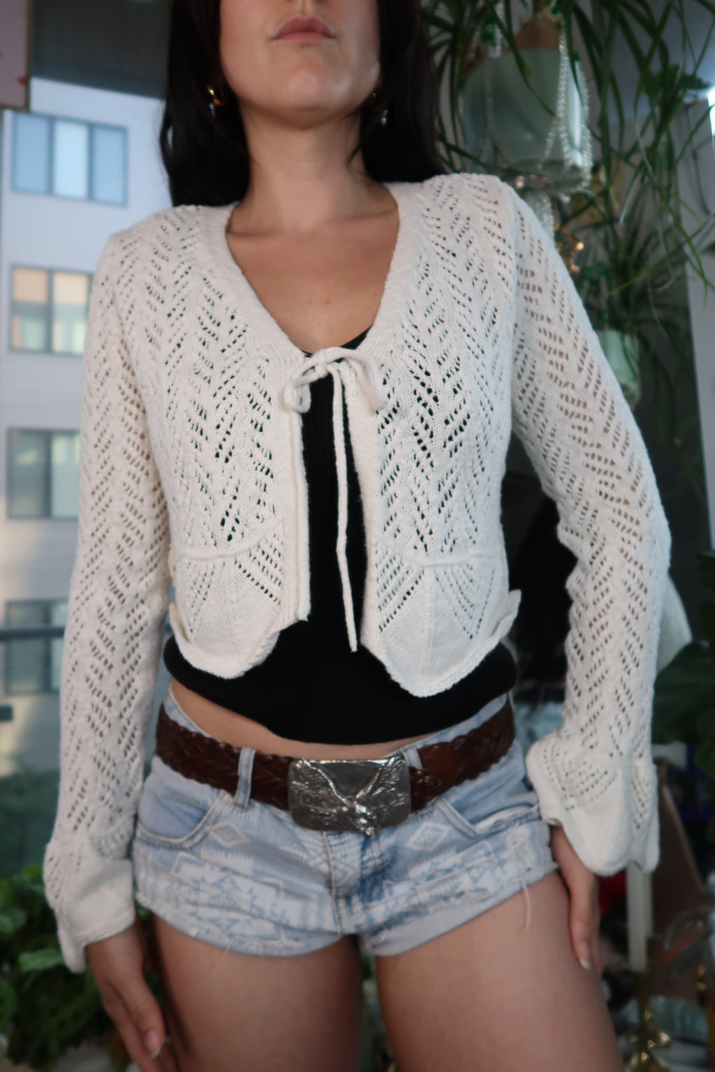 Vintage Frye Ivory Knit Tie-Front Cardigan – Boho Crochet Sweater Top