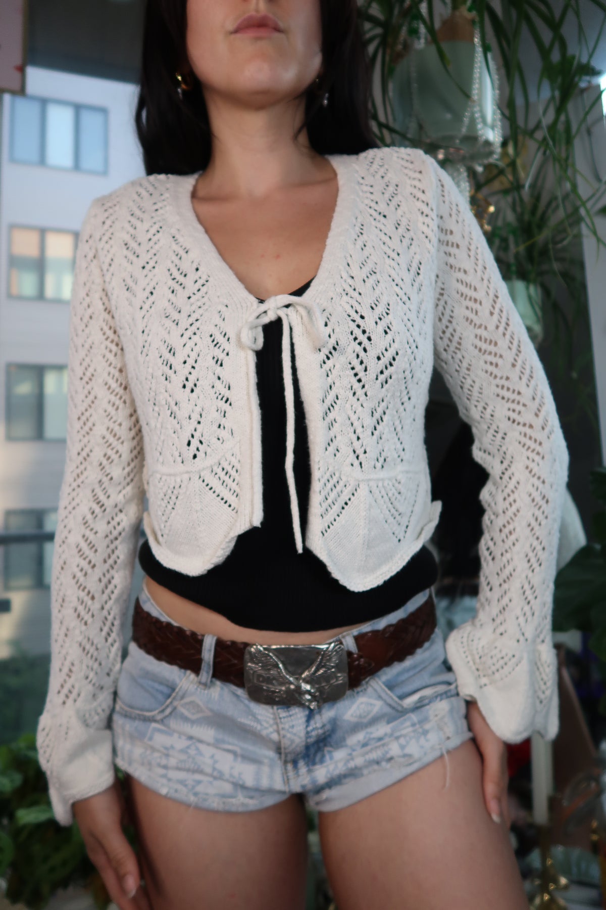 Vintage Frye Ivory Knit Tie-Front Cardigan – Boho Crochet Sweater Top