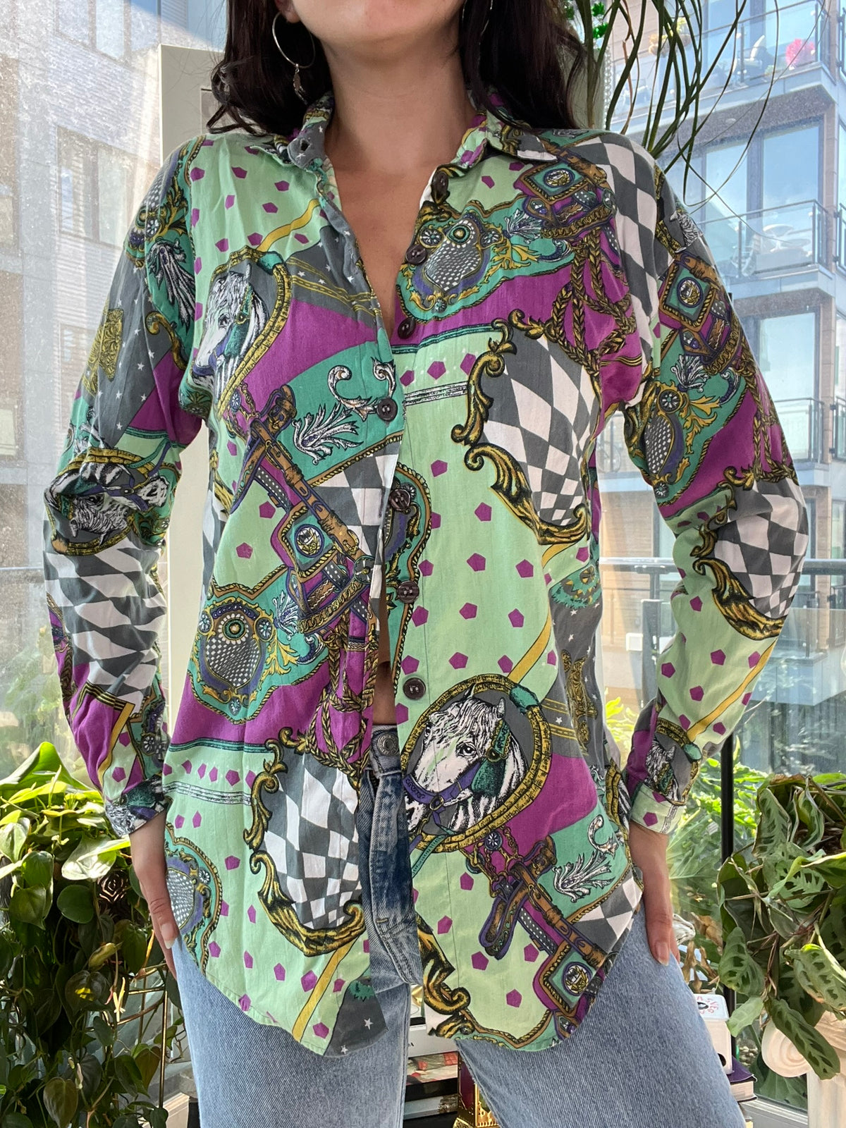 Elektra Vintage women's long sleeve button-up top with vintage horse-themed pattern, featuring a stylish and classic design.