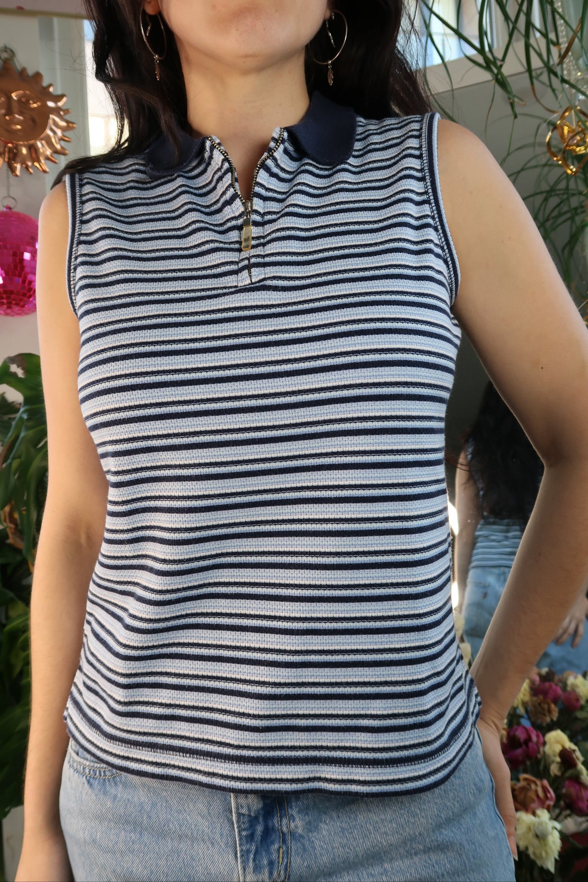 Vintage 2000s blue stripped Quarter Zip Tank Top