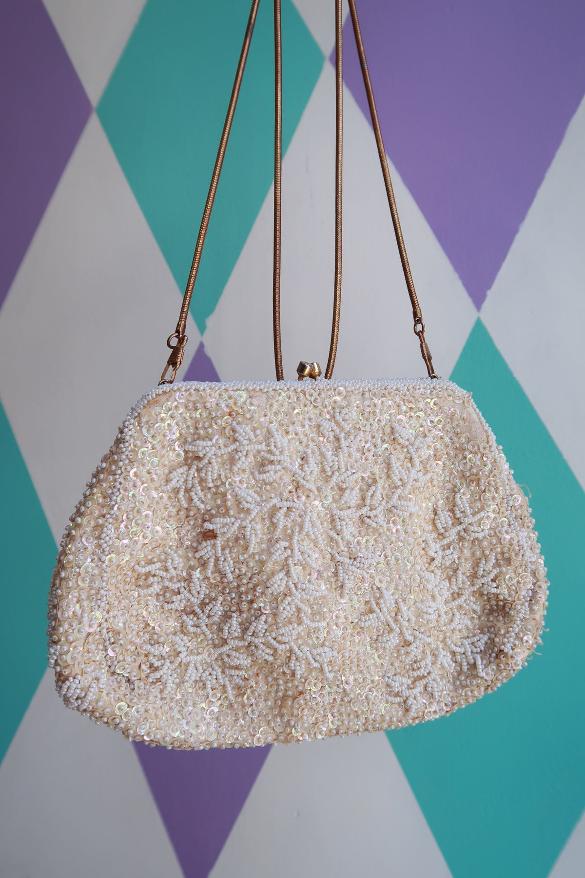 Elektra Vintage ivory beaded sequin evening bag with iridescent finish, gold chain strap, ideal for bridal or formal occasions.