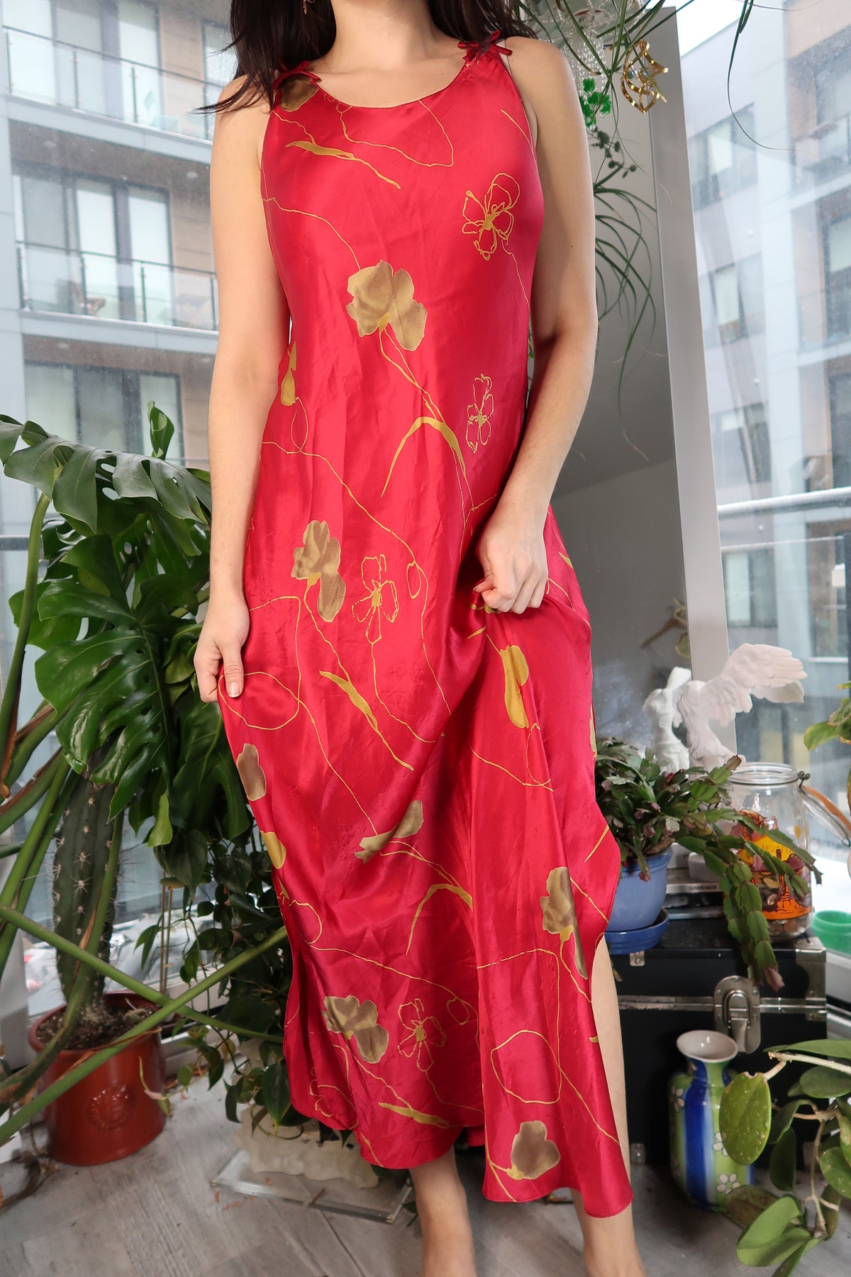 Vintage Red Floral Silk Dress