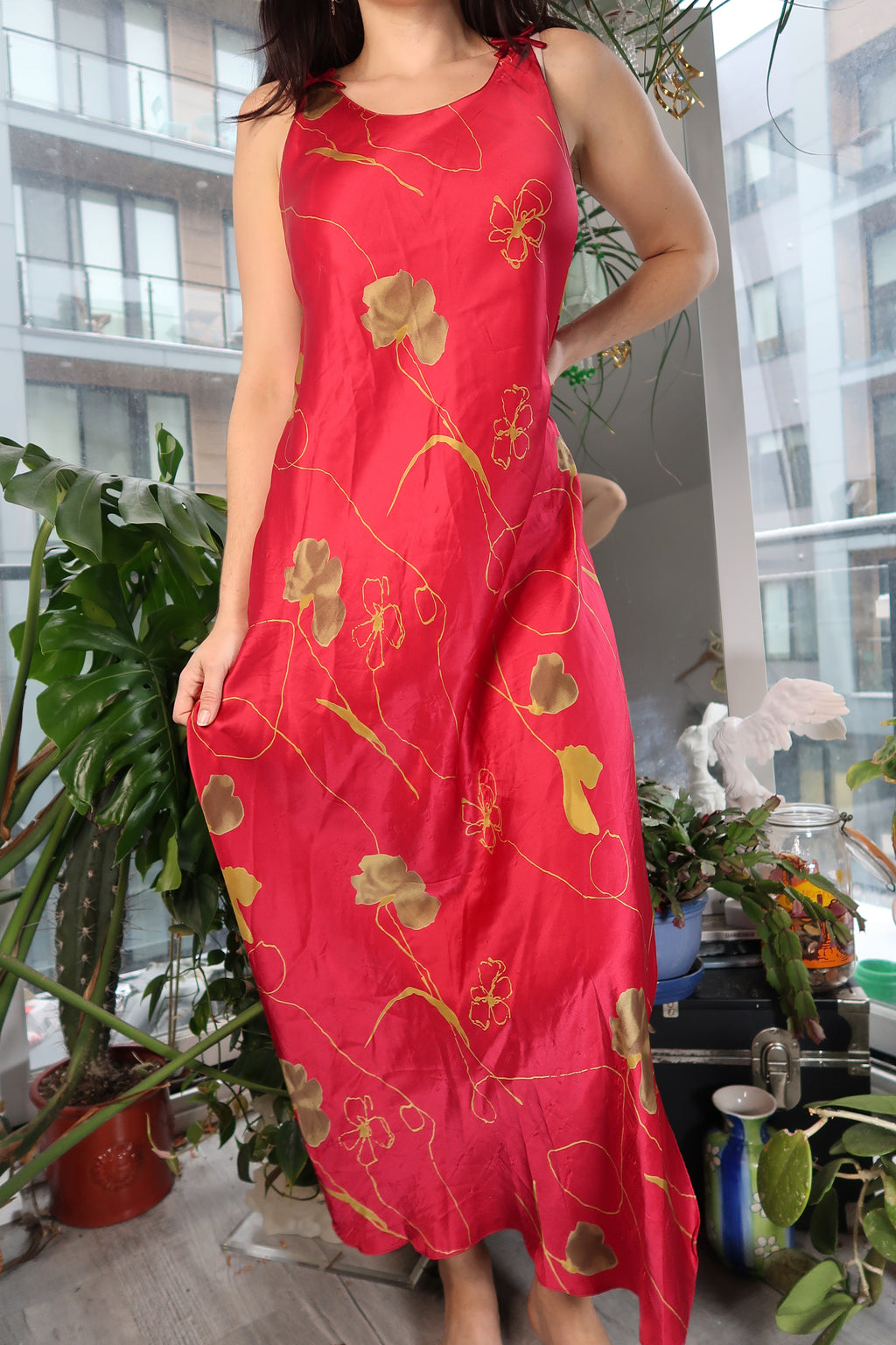 Vintage Red Floral Silk Dress