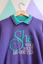 Load image into Gallery viewer, Vintage “She Who Must Be Obeyed” Graphic Sweatshirt – Purple with Teal Collar
