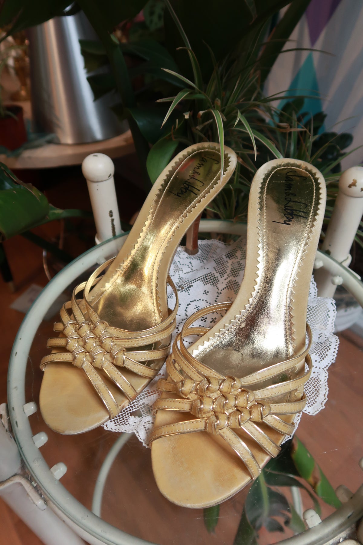 Vintage Y2K gold strappy mule heels by Elektra Vintage, featuring a sleek design and open toe with multiple straps.