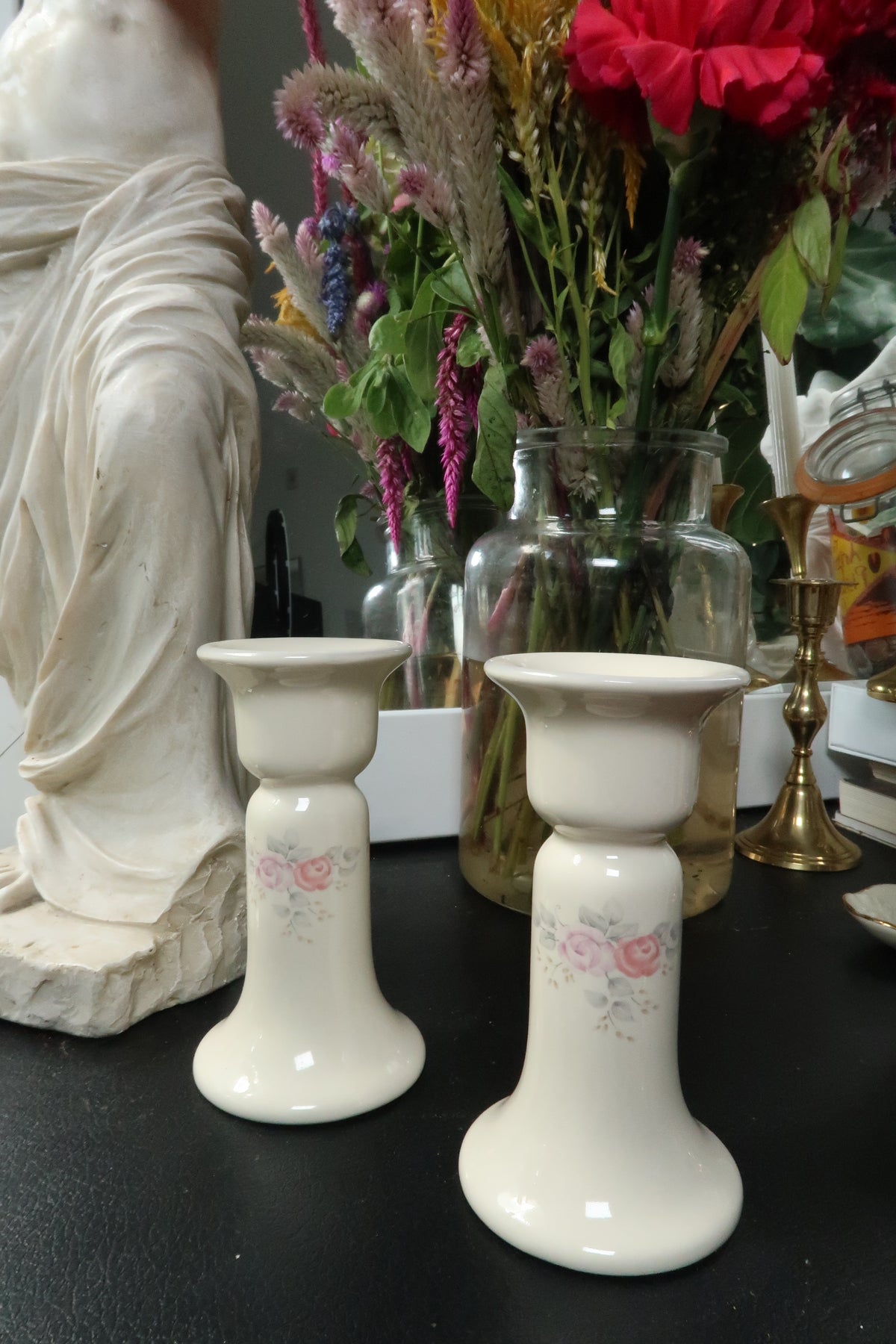 Vintage Pfaltzgraff Ceramic Candleholders – Rose Floral Taper Holders - Elektra Vintage