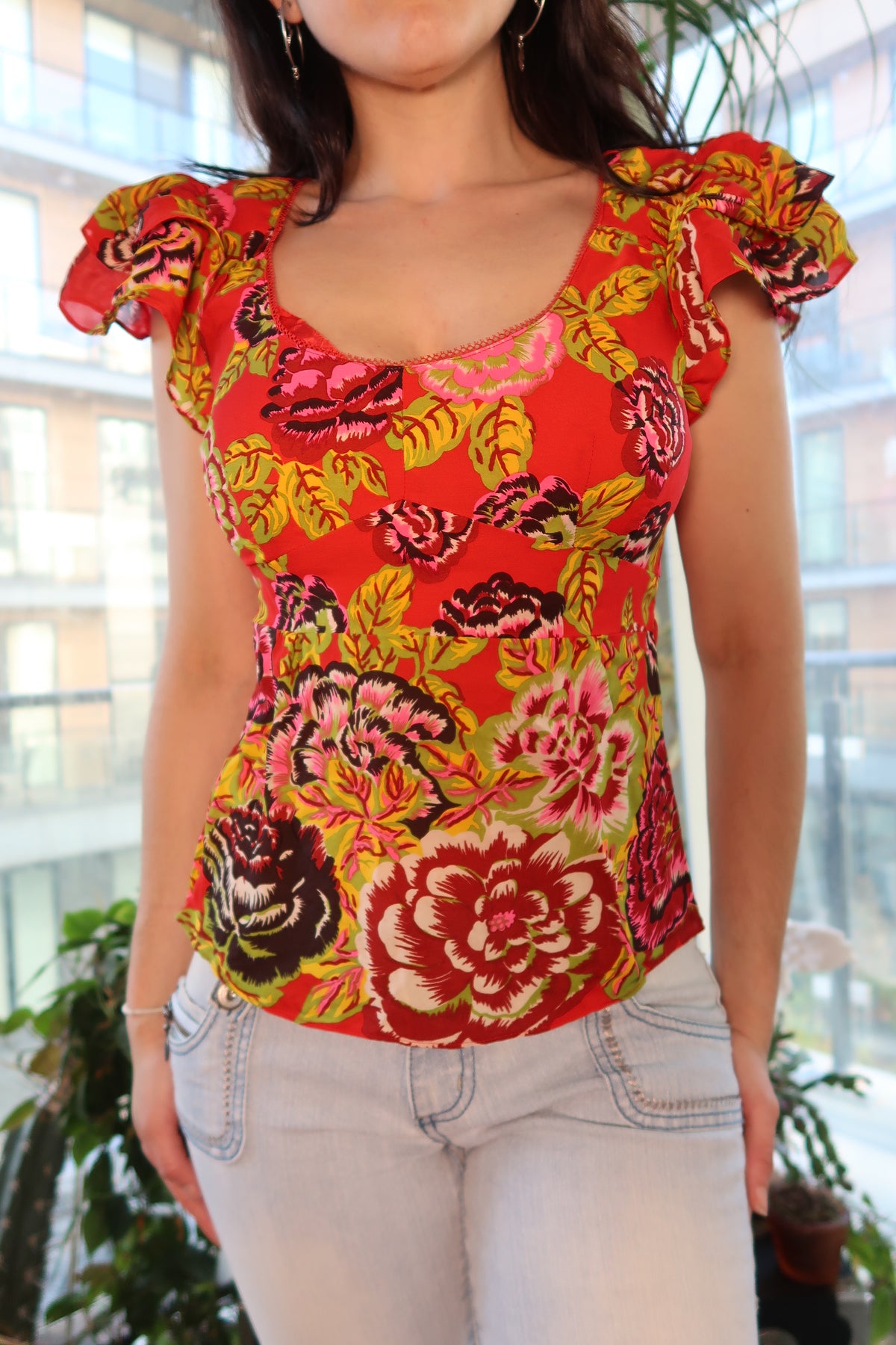 Floral Ruffle Cap Sleeve Top - Elektra Vintage