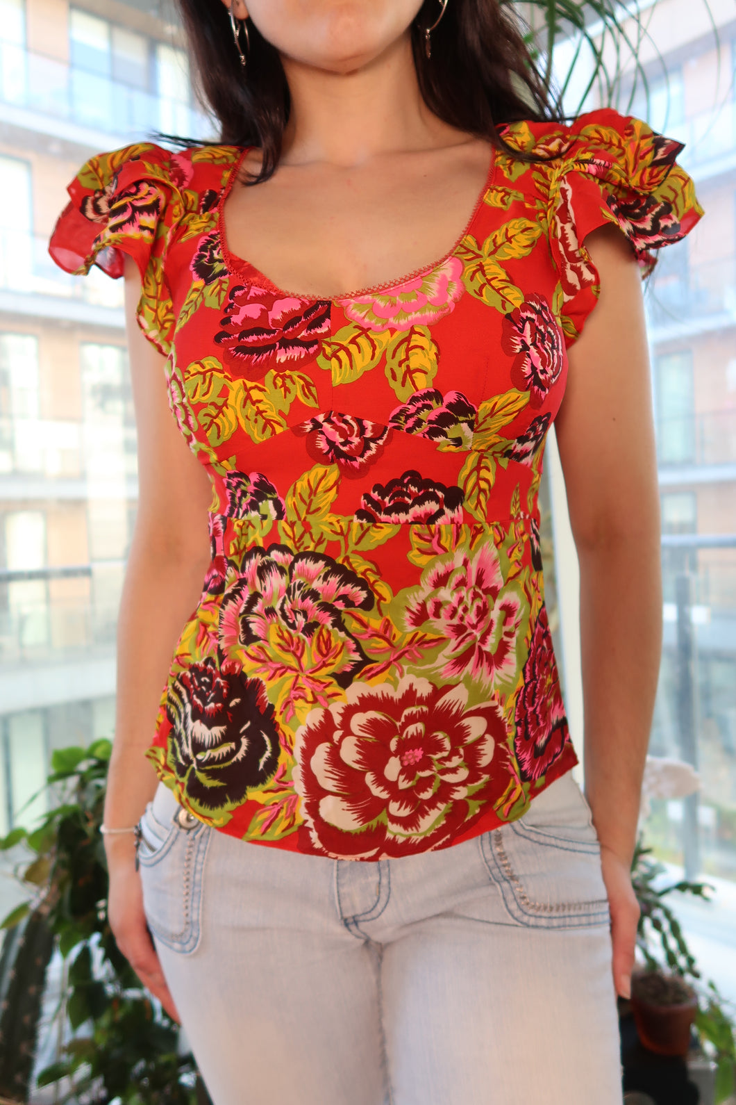 Vintage Nanette Lepore 100% Silk Y2K Floral Cap Sleeve Top – Bold Red Garden Blouse
