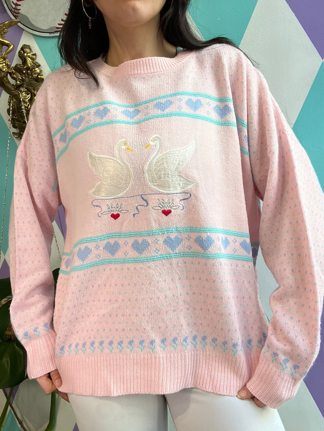 Vintage Pink Swan Knit Sweater