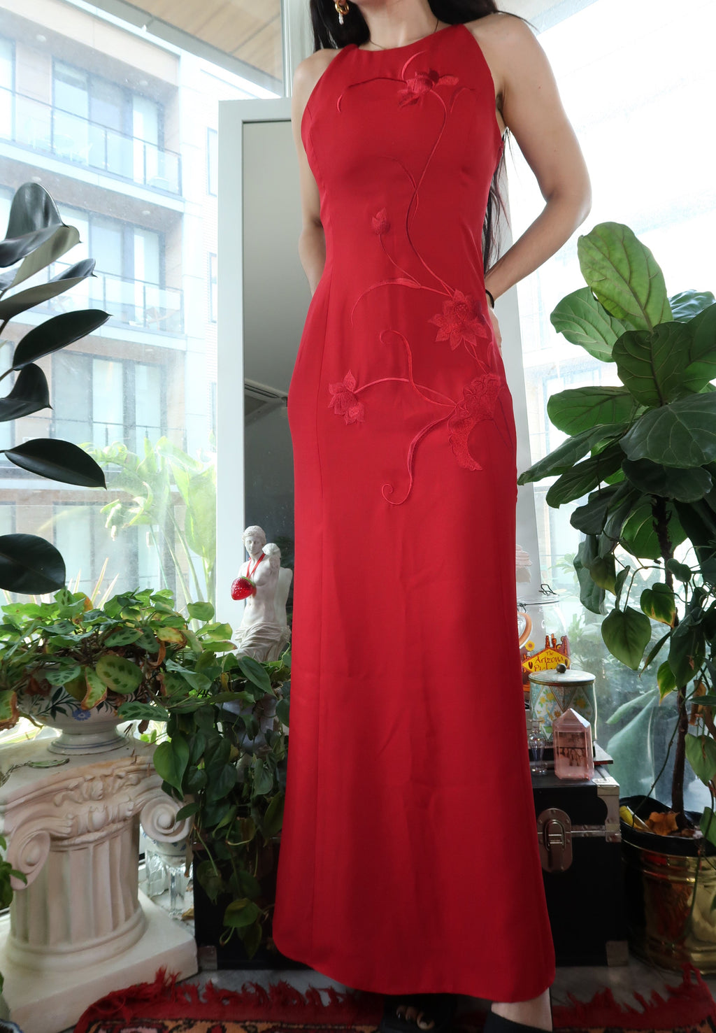 Vintage 90s Red Embroidered Evening Gown - Elektra Vintage