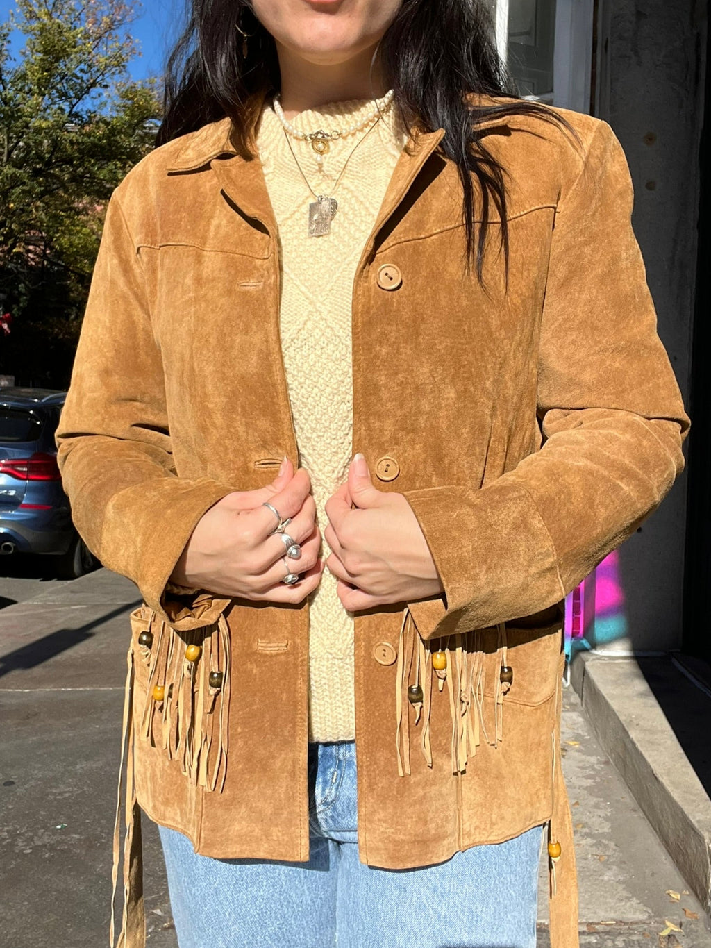 Vintage Elektra suede fringe tassel coat with long tassels and classic design, stylish outerwear for a bohemian look.