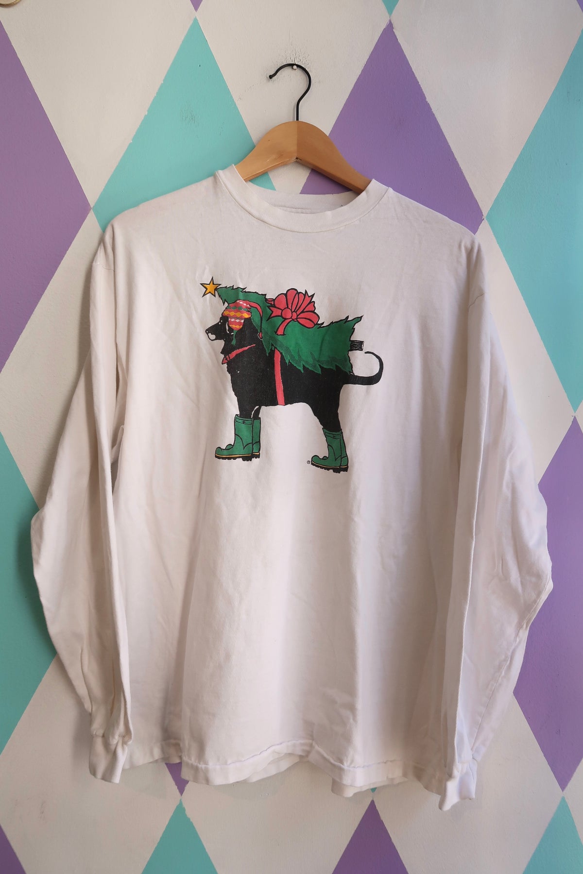 Vintage 1993 The Black Dog Christmas Long Sleeve Tee – Holiday Dog Graphic - Elektra Vintage