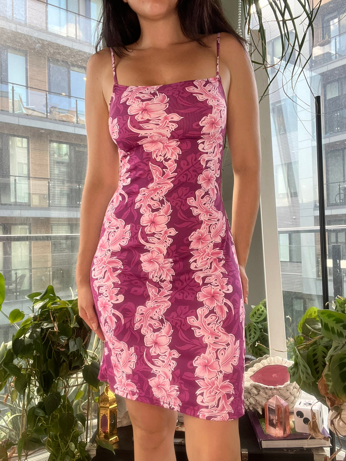 Y2K vintage tropical floral open back midi dress by Elektra Vintage, featuring colorful floral print and open back design.