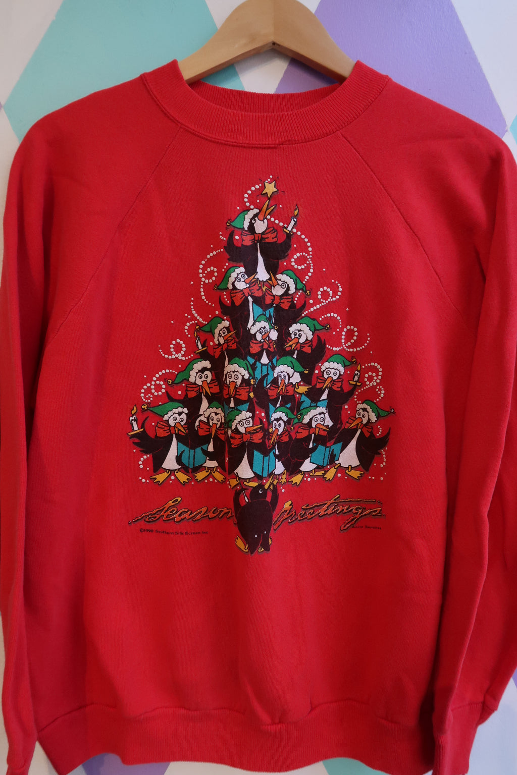 Vintage 90s Penguin Christmas Tree Sweatshirt – Red Holiday Crewneck - Elektra Vintage