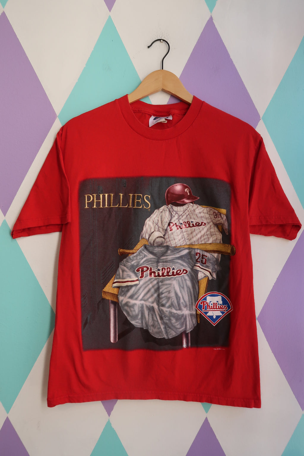 Red vintage 1998 Philadelphia Phillies graphic women's top by Elektra Vintage, featuring classic baseball team design.