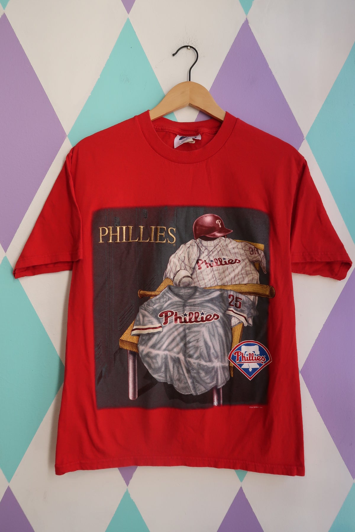 Red vintage 1998 Philadelphia Phillies graphic women's top by Elektra Vintage, featuring classic baseball team design.