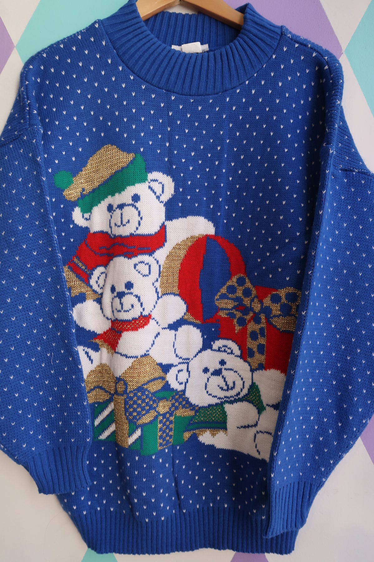 Vintage 90s Christmas Teddy Bear Sweater – Royal Blue Knit
