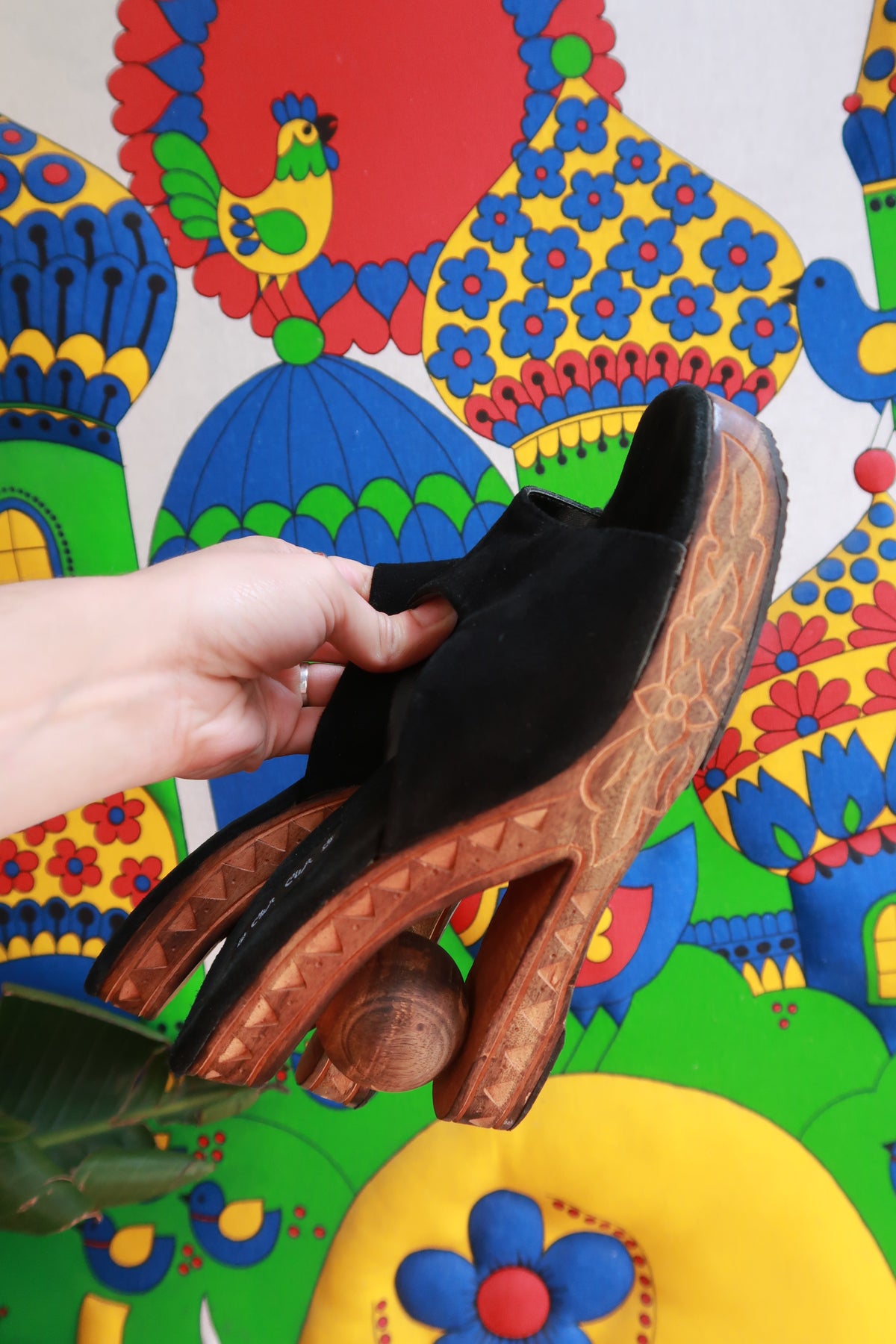 Elektra Vintage carved wooden platform wedge sandals with intricate detailing and natural wood finish on a neutral background.