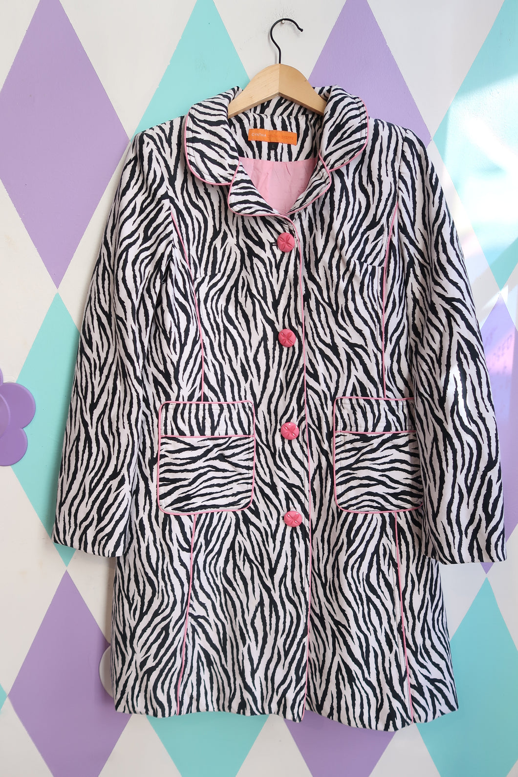 Vintage 2000s Zebra Print Coat with Pink Trim and Buttons
