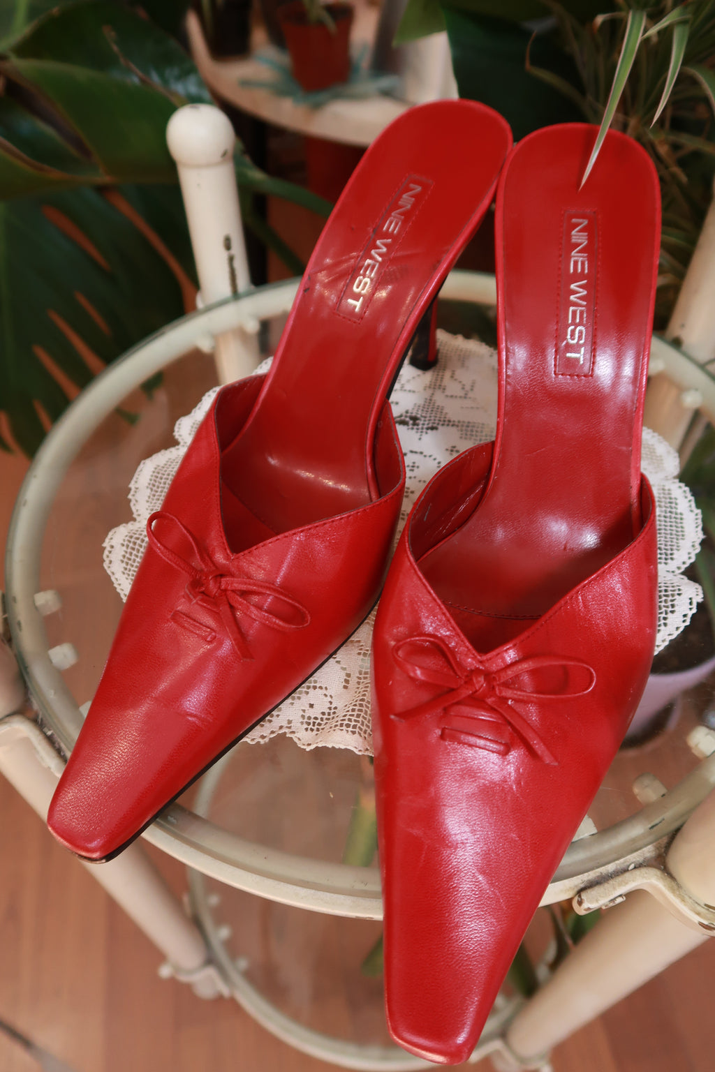 Vintage Nine West Red Leather Pointed Toe Kitten Heels