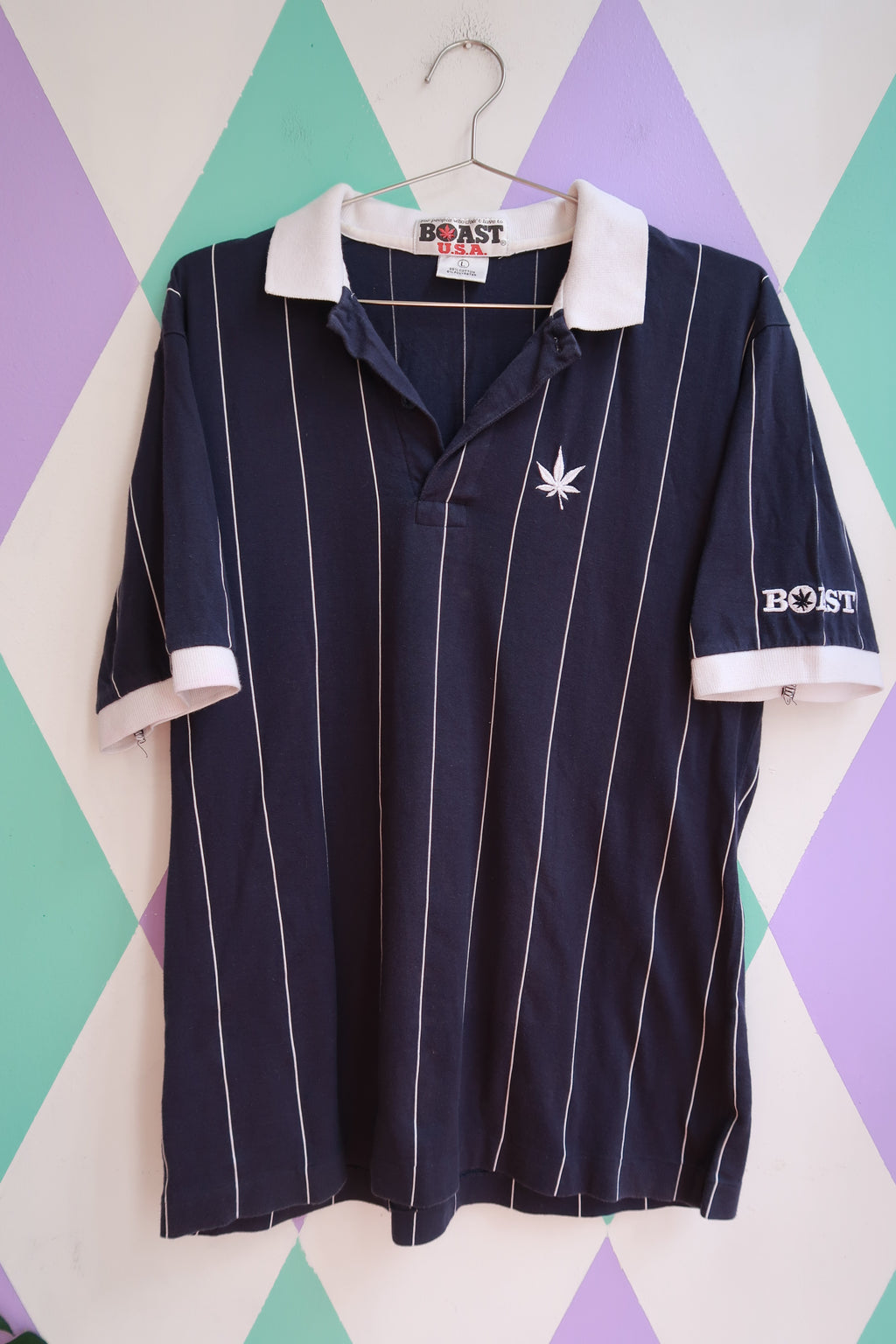 Vintage 80s BOAST Navy Pinstripe Polo Shirt