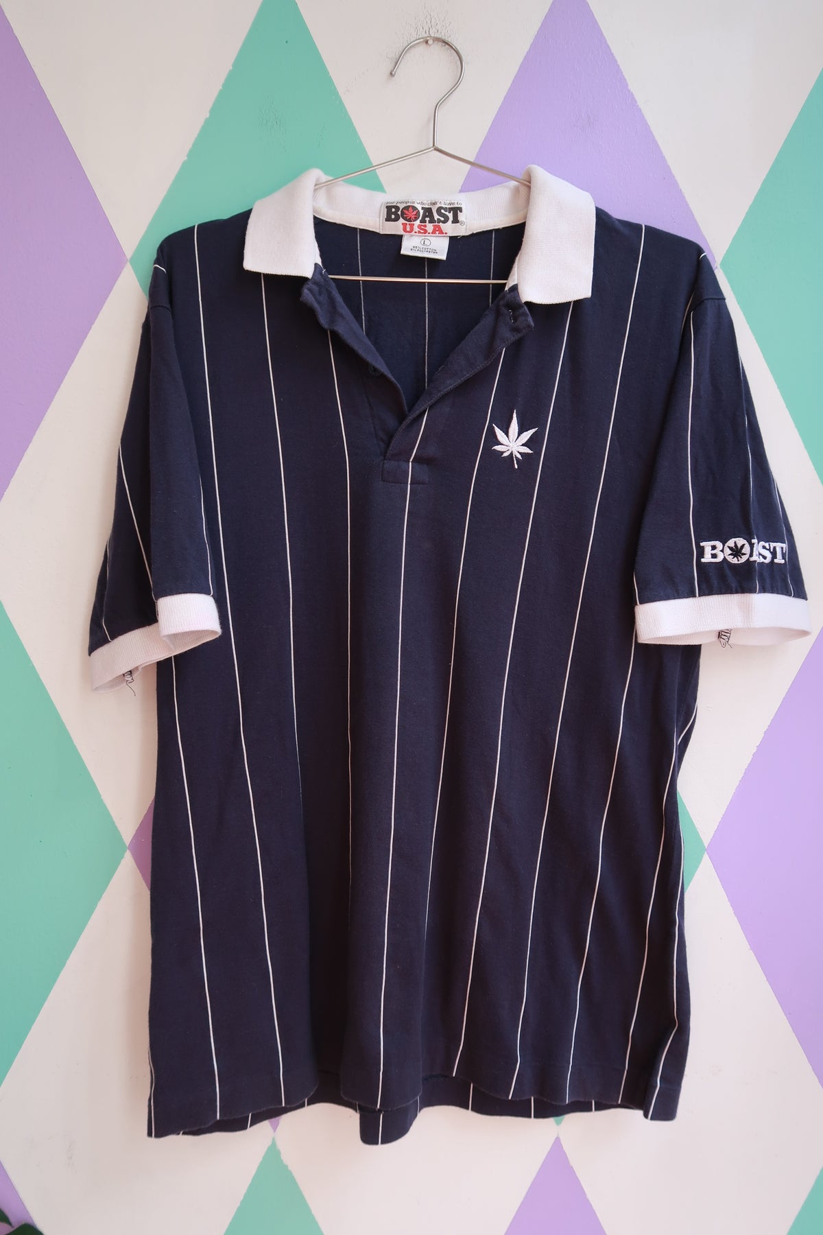 Vintage 80s BOAST Navy Pinstripe Polo Shirt